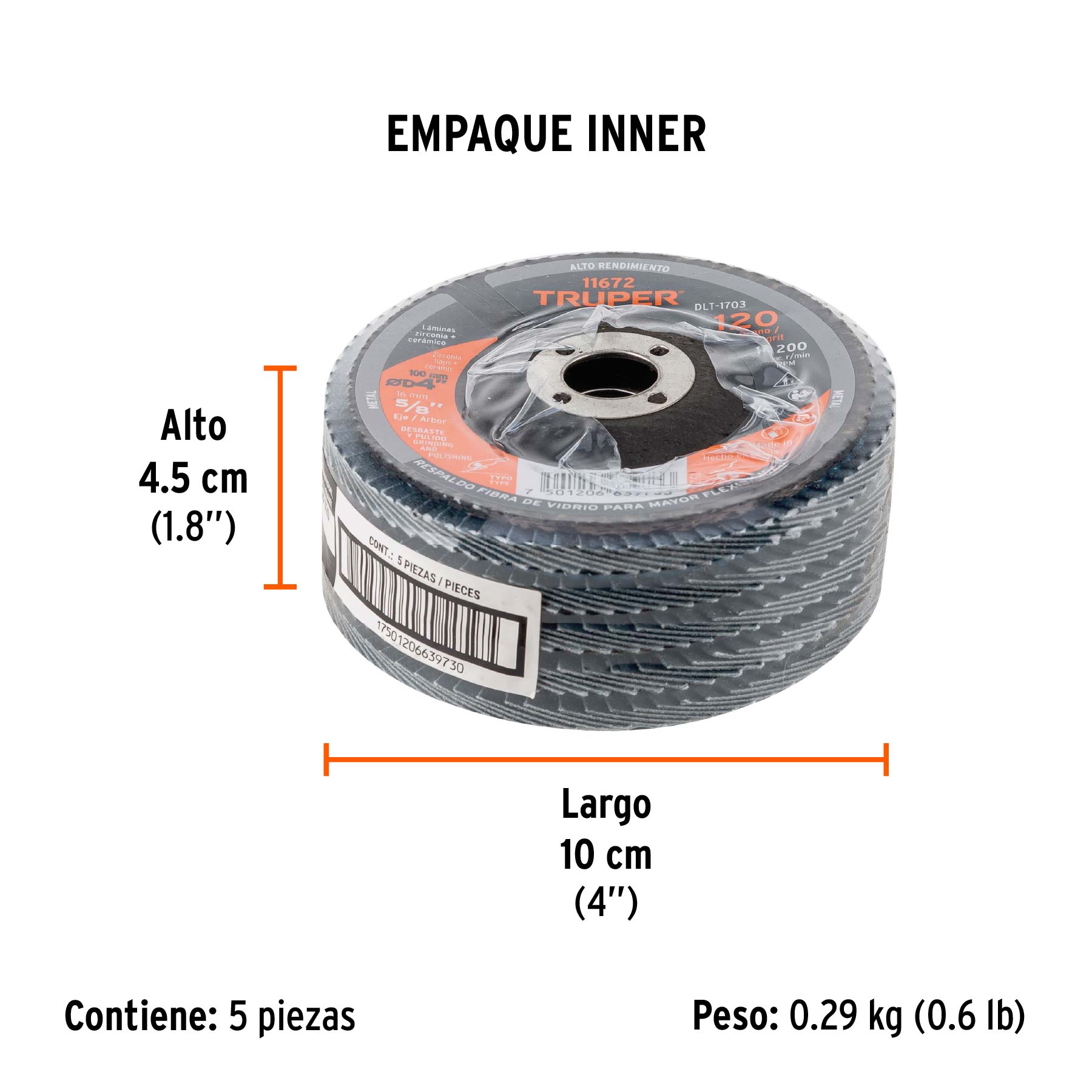Disco laminado, tipo 29, diámetro 4", grano 120, centro 5/8"