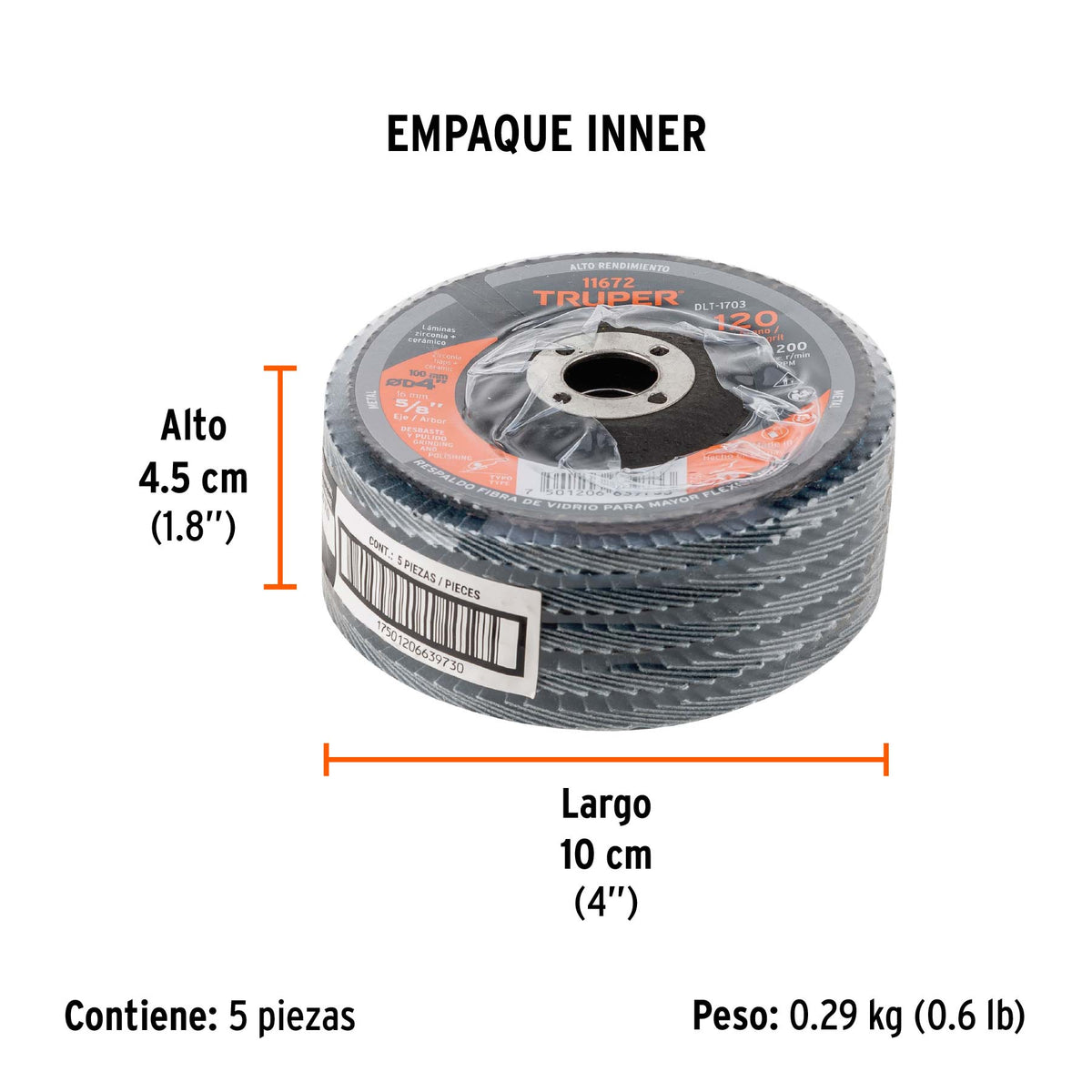 Disco laminado, tipo 29, diámetro 4", grano 120, centro 5/8"