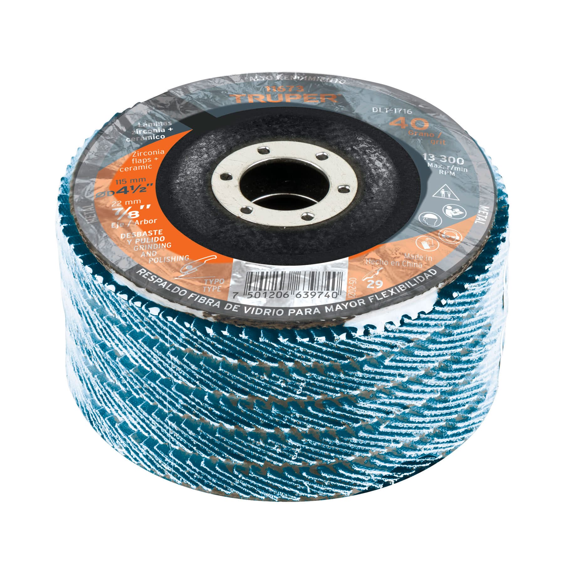 Disco laminado, 4-1/2", grano 40, centro 7/8"