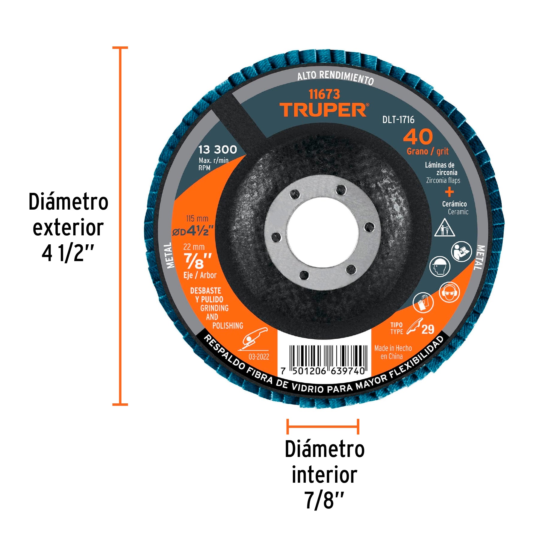Disco laminado, 4-1/2", grano 40, centro 7/8"