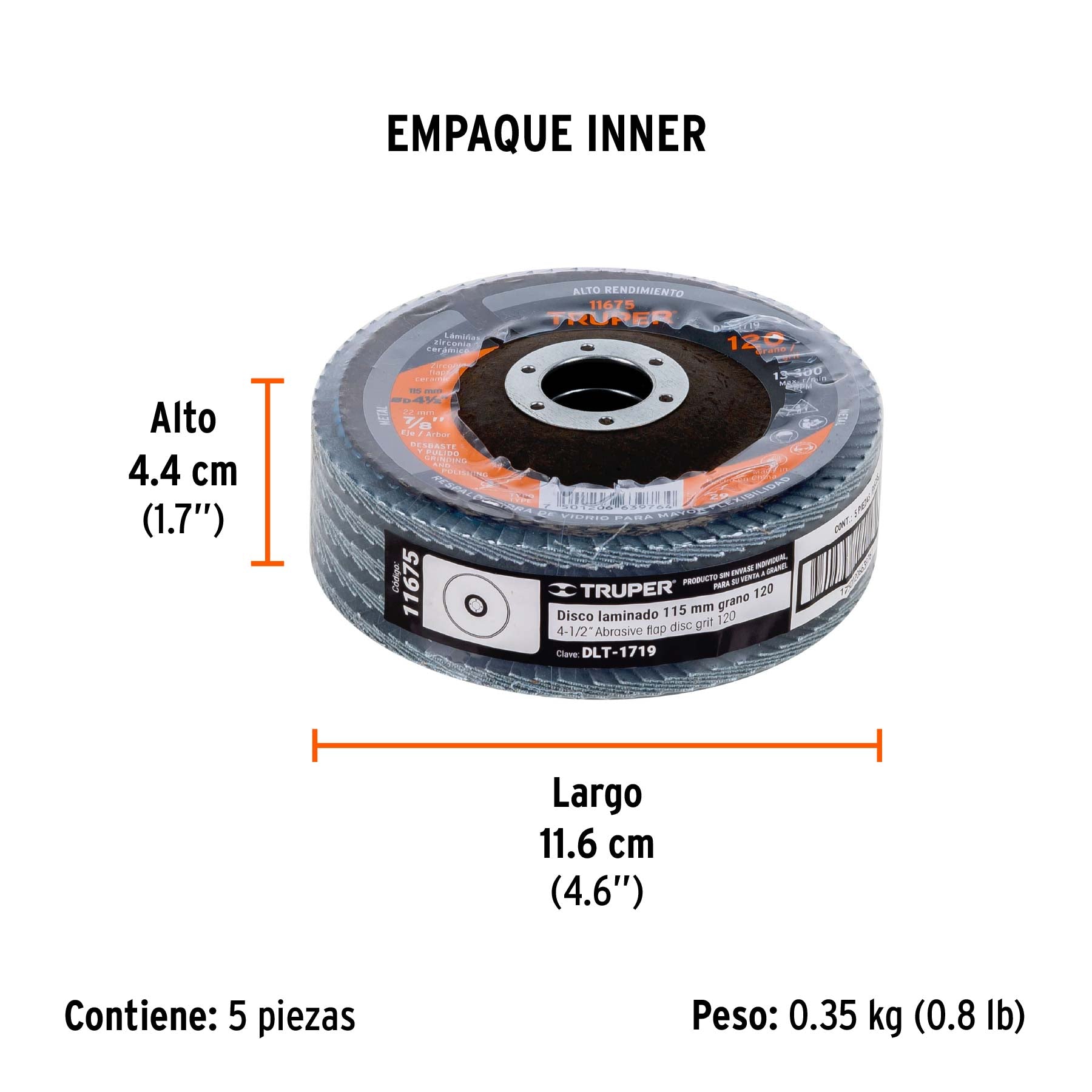 Disco laminado, 4-1/2", grano 120, centro 7/8"