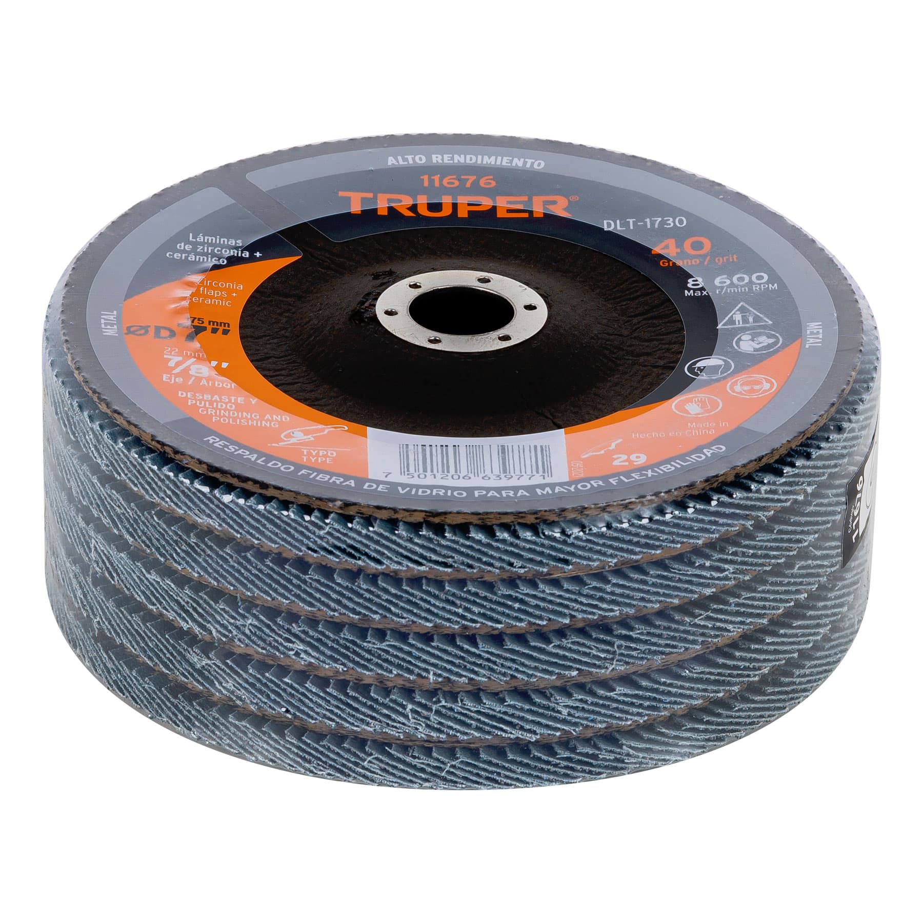 Disco laminado, 7", grano 40, centro 7/8"