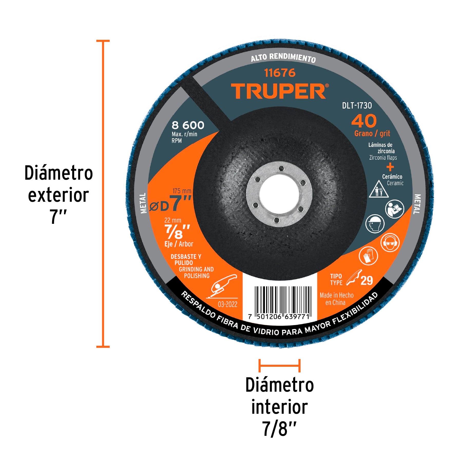 Disco laminado, 7", grano 40, centro 7/8"