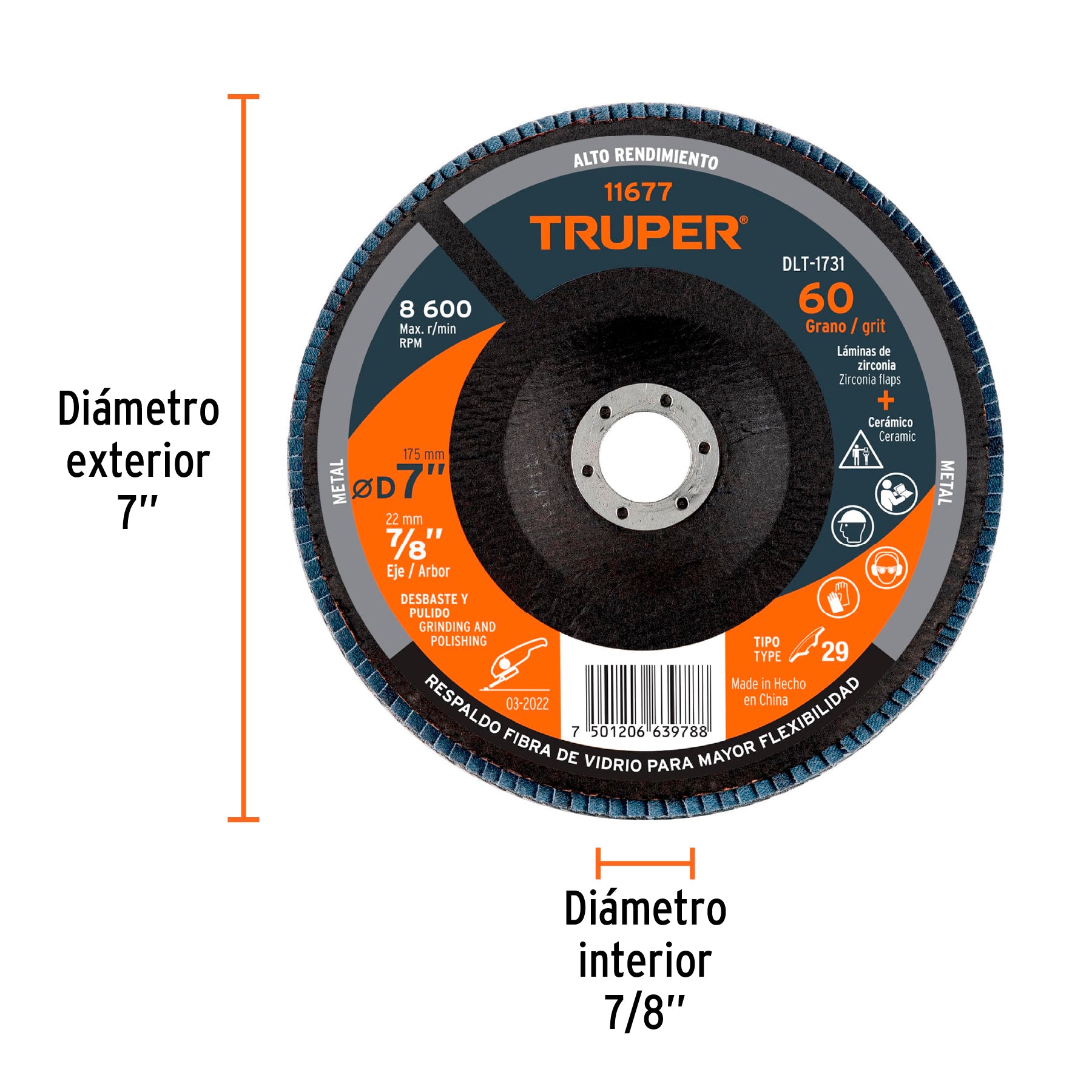 Disco laminado, 7", grano 60, centro 7/8"