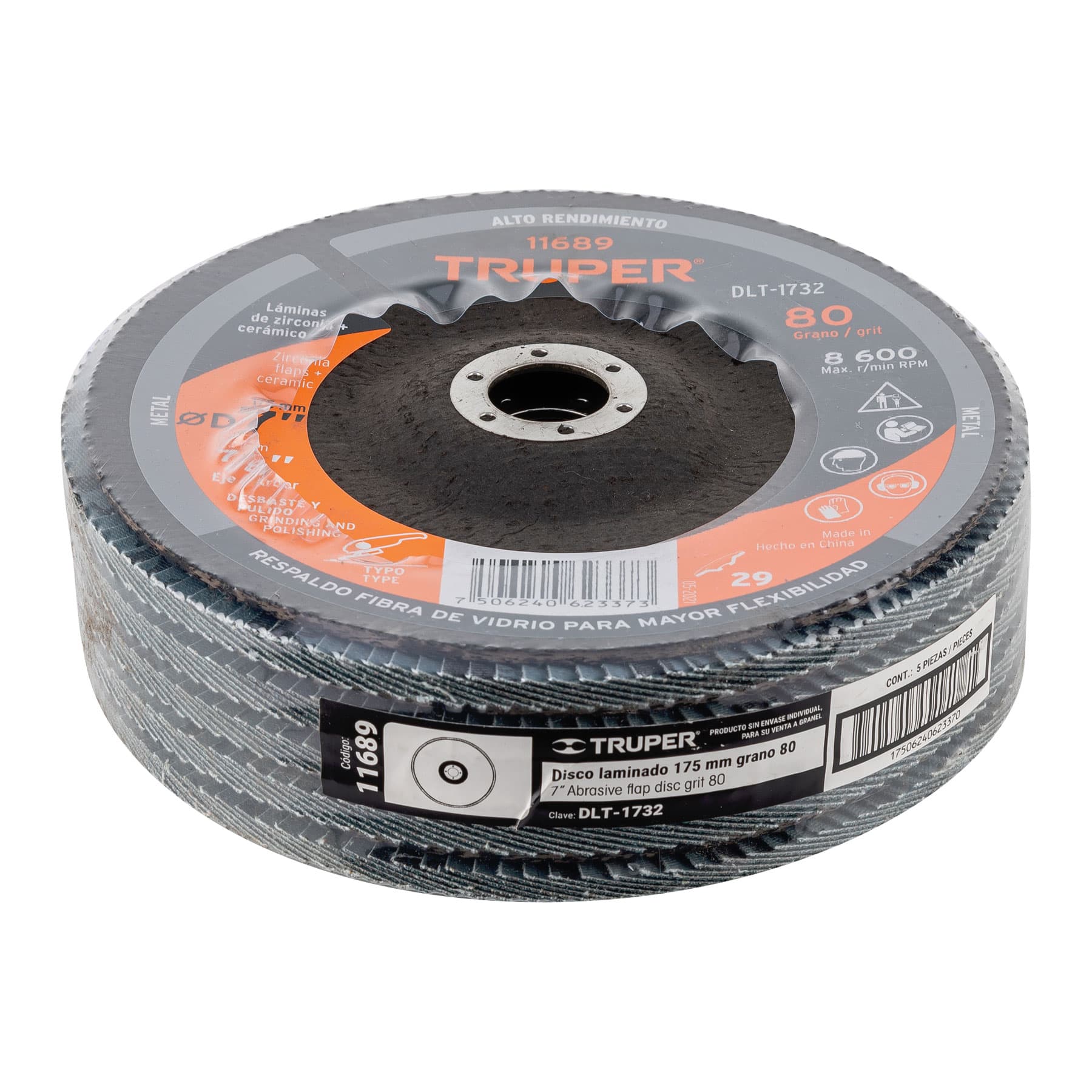Disco laminado, 7", grano 80, centro 7/8"