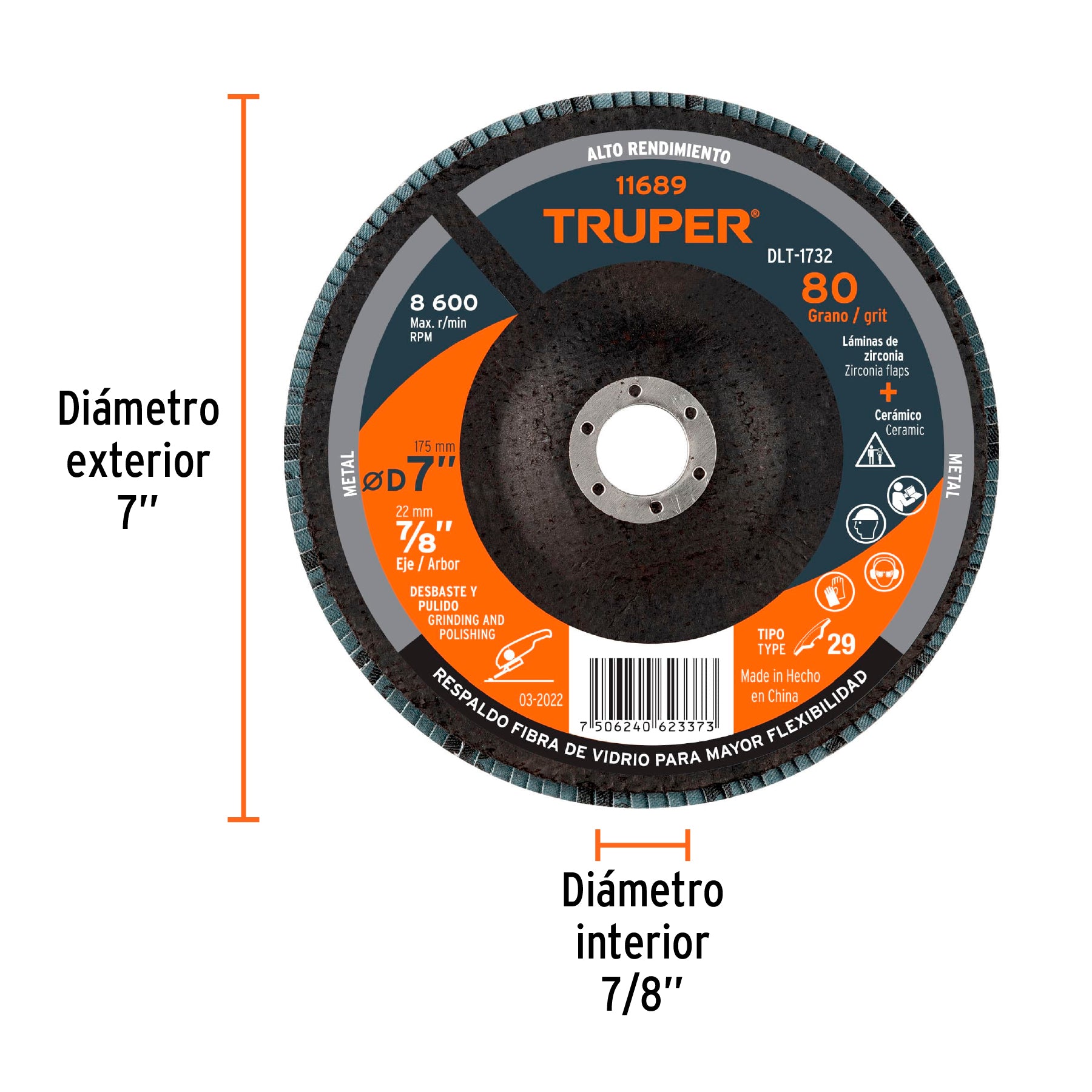 Disco laminado, 7", grano 80, centro 7/8"