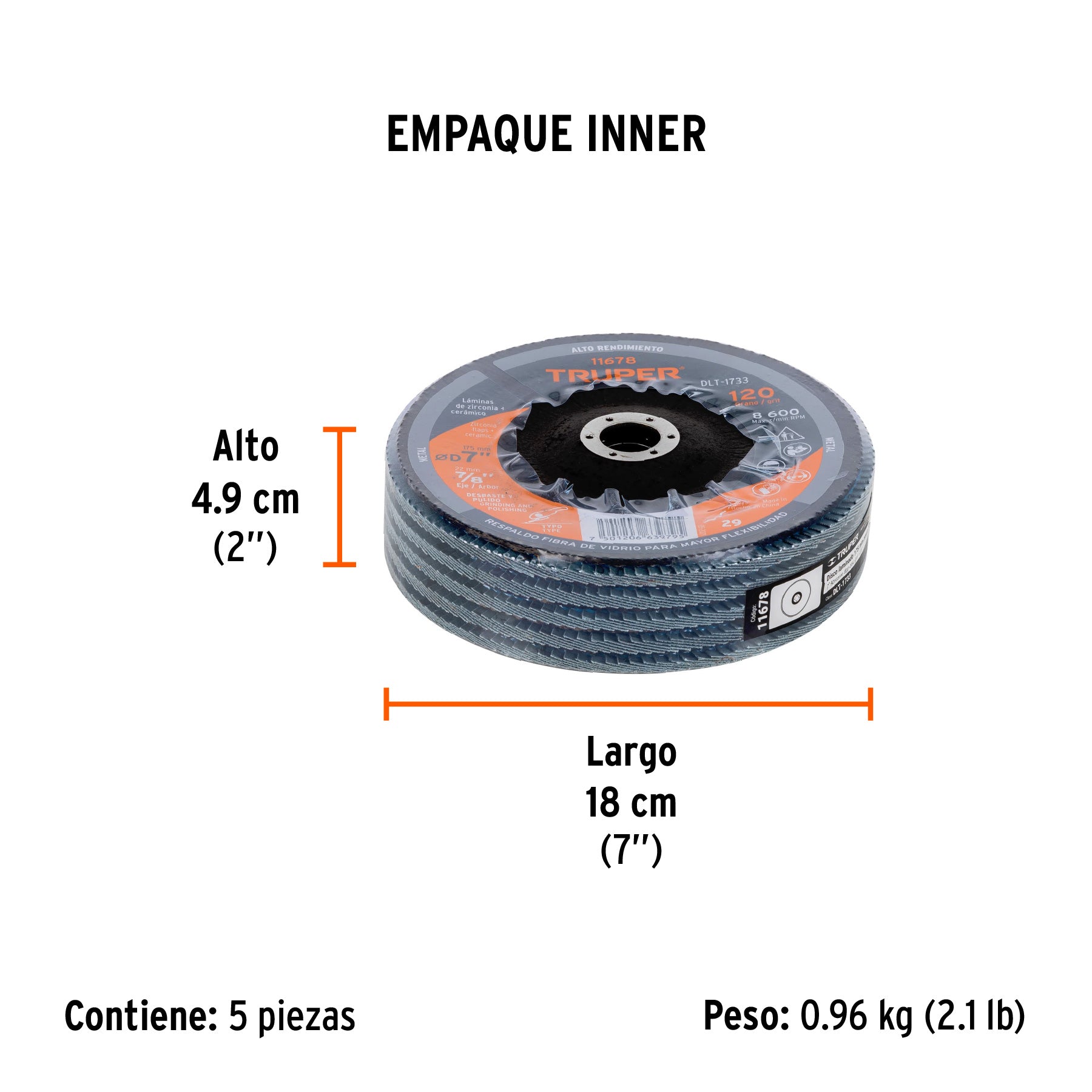 Disco laminado, 7", grano 120, centro 7/8"