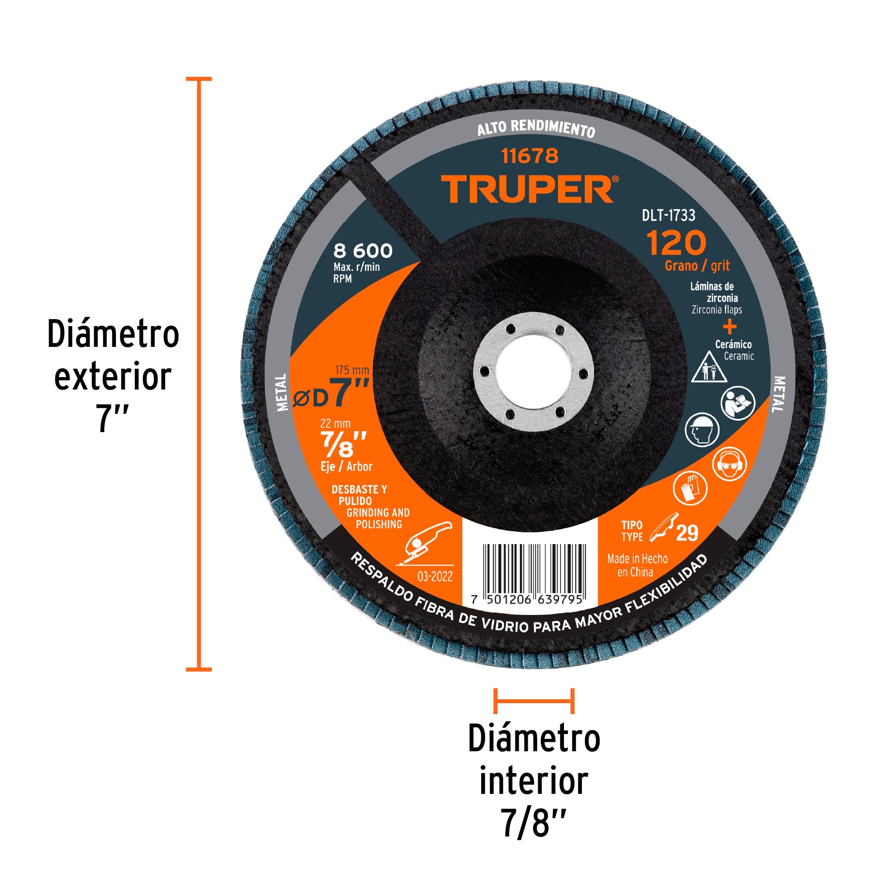 Disco laminado, 7", grano 120, centro 7/8"