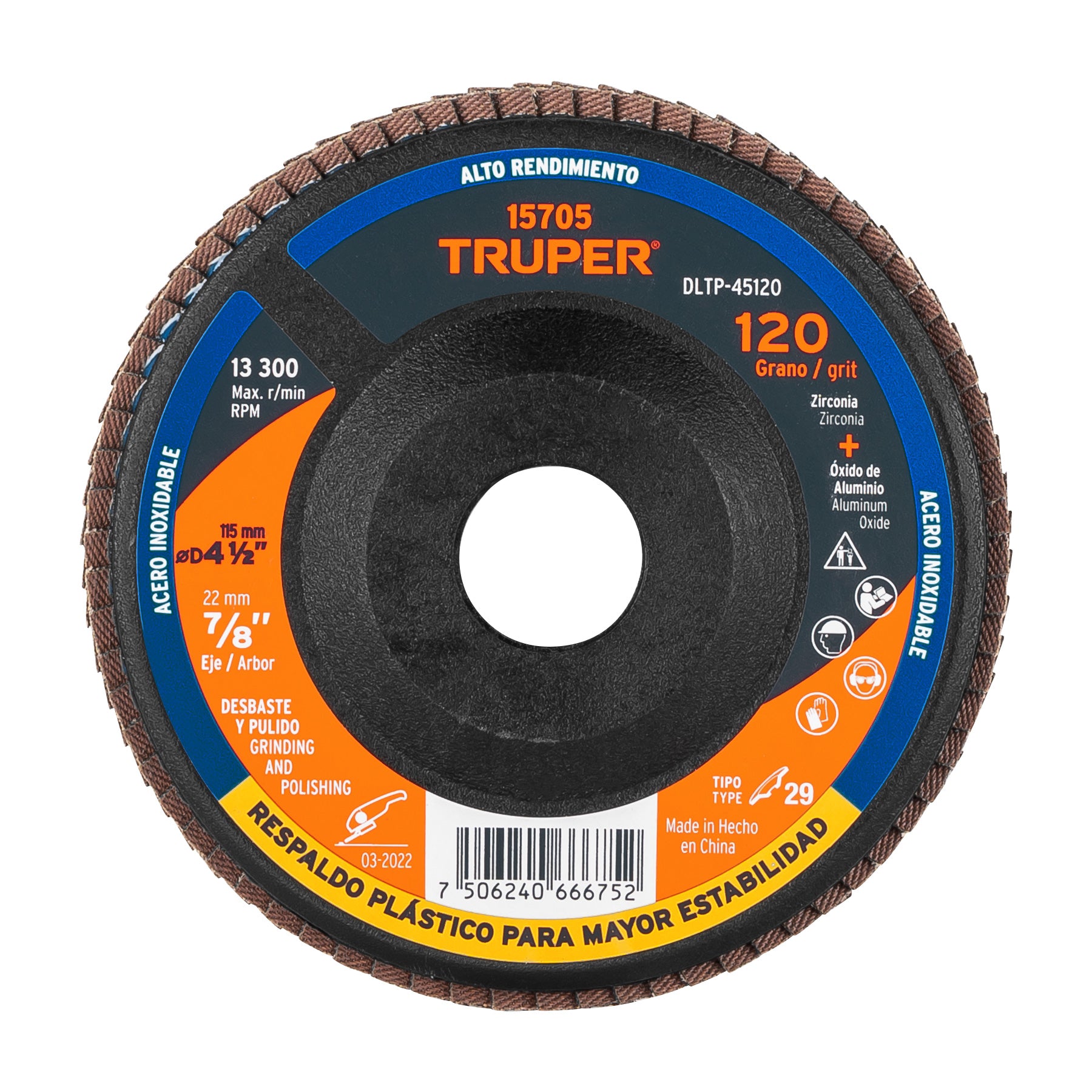 Disco laminado respaldo plástico 4-1/2"barreno 7/8"grano 120