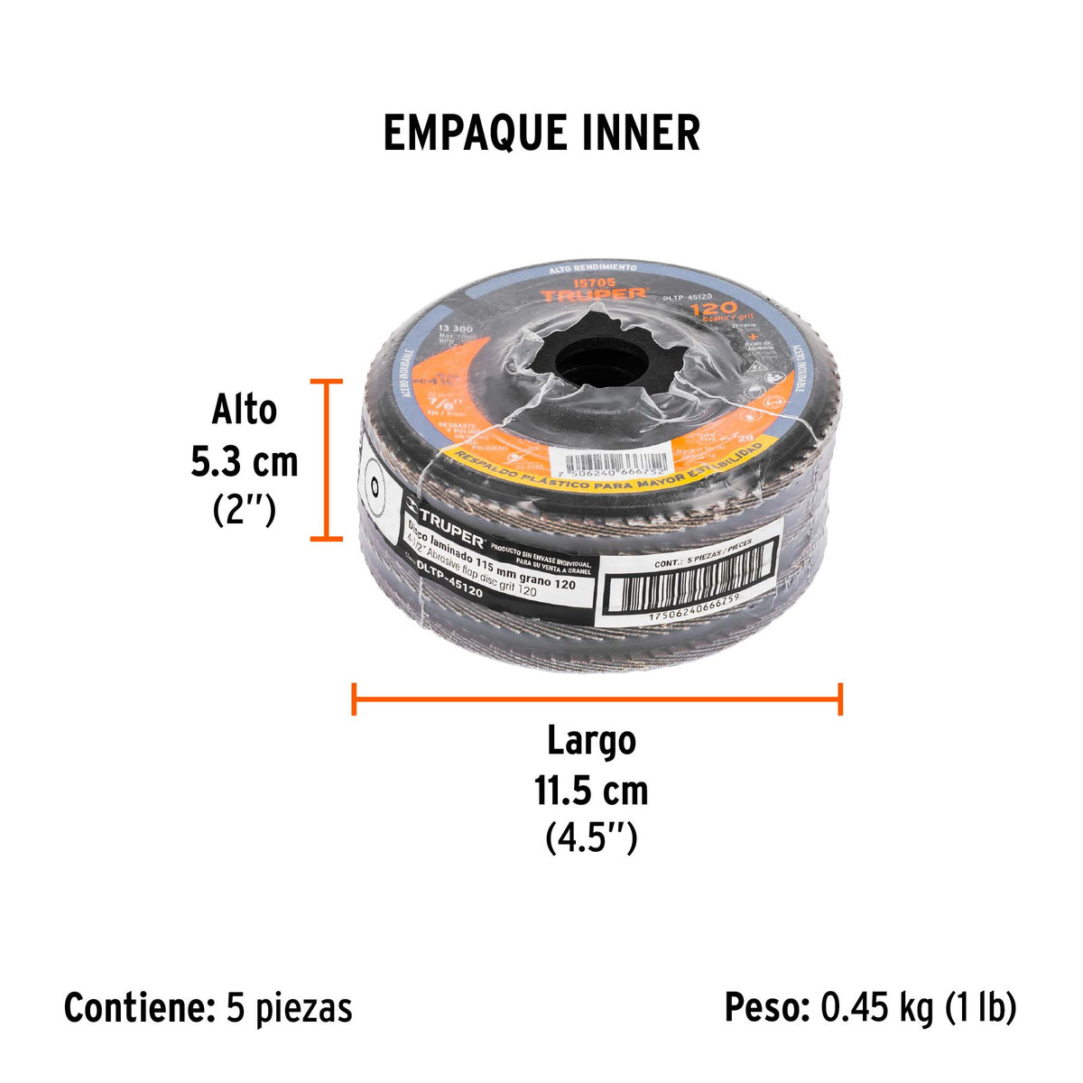 Disco laminado respaldo plástico 4-1/2"barreno 7/8"grano 120