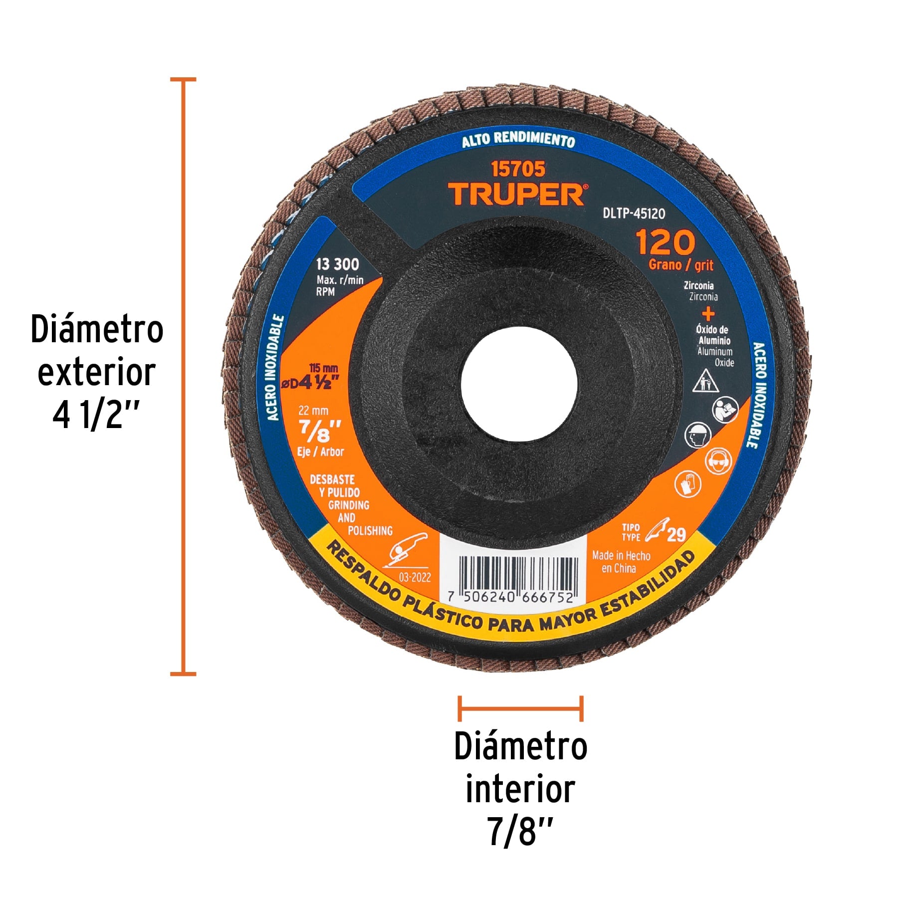 Disco laminado respaldo plástico 4-1/2"barreno 7/8"grano 120