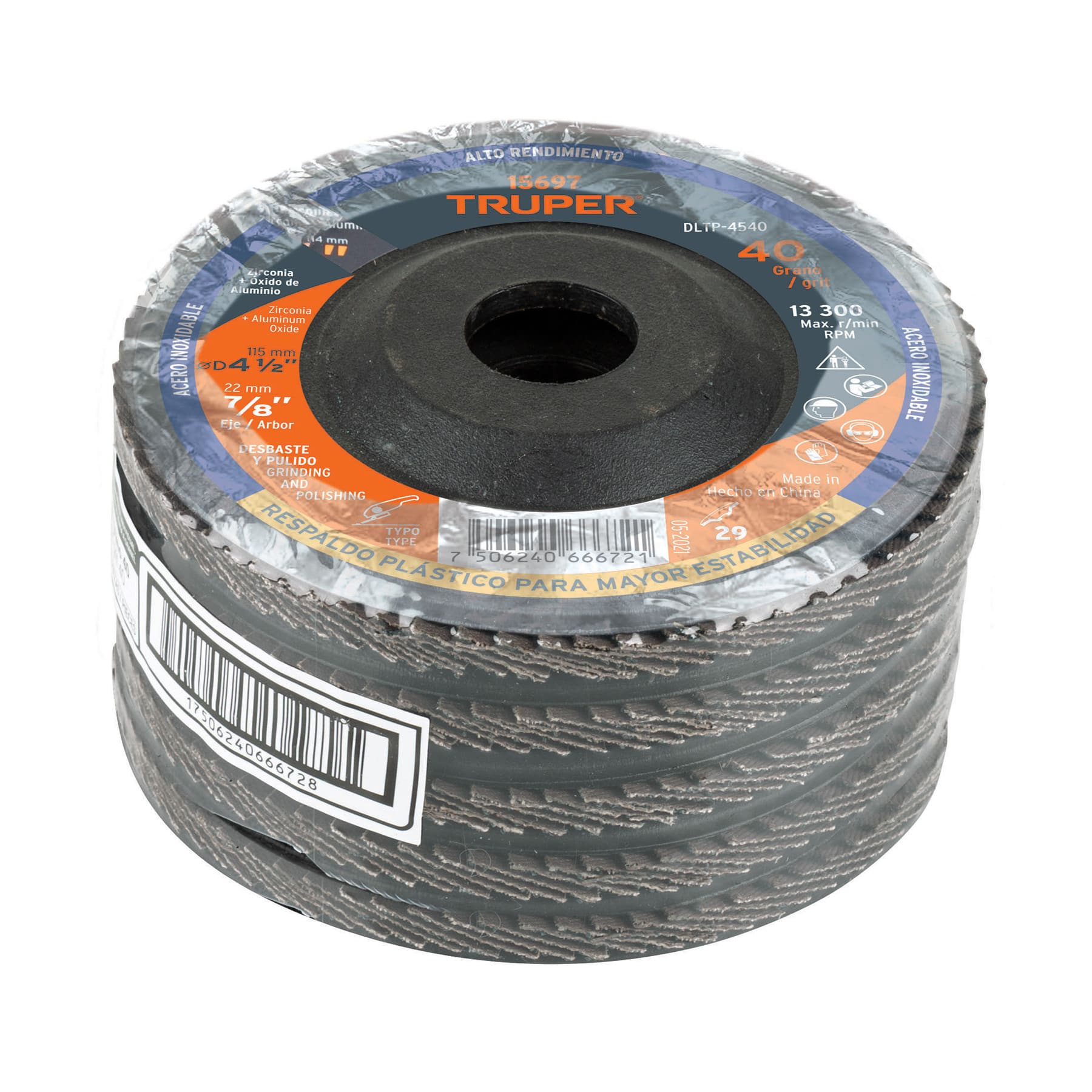 Disco laminado respaldo plástico 4-1/2",barreno 7/8"grano 40