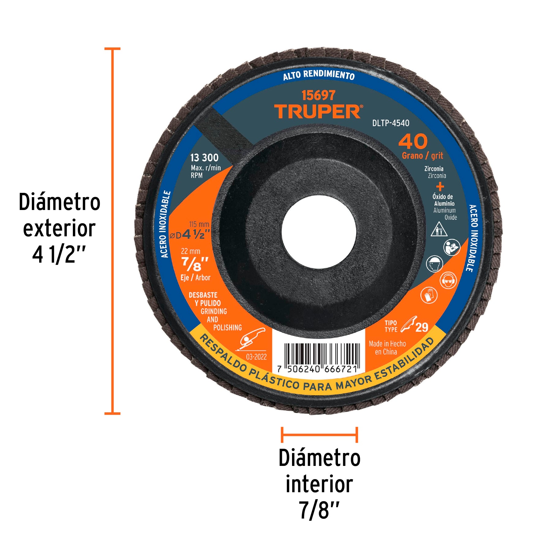 Disco laminado respaldo plástico 4-1/2",barreno 7/8"grano 40
