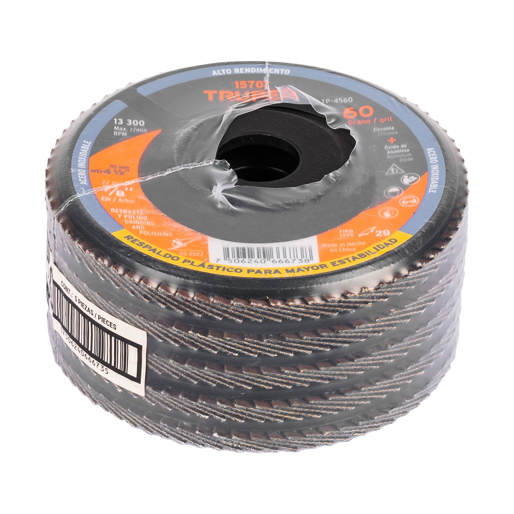 Disco laminado respaldo plástico 4-1/2",barreno 7/8"grano 60