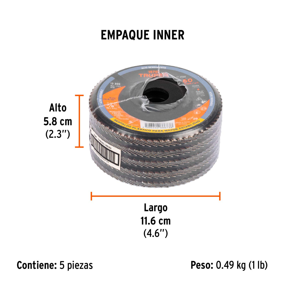 Disco laminado respaldo plástico 4-1/2",barreno 7/8"grano 60