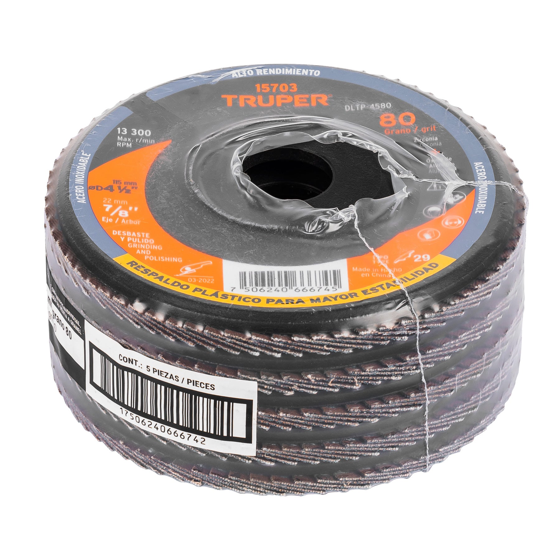 Disco laminado respaldo plástico 4-1/2",barreno 7/8"grano 80