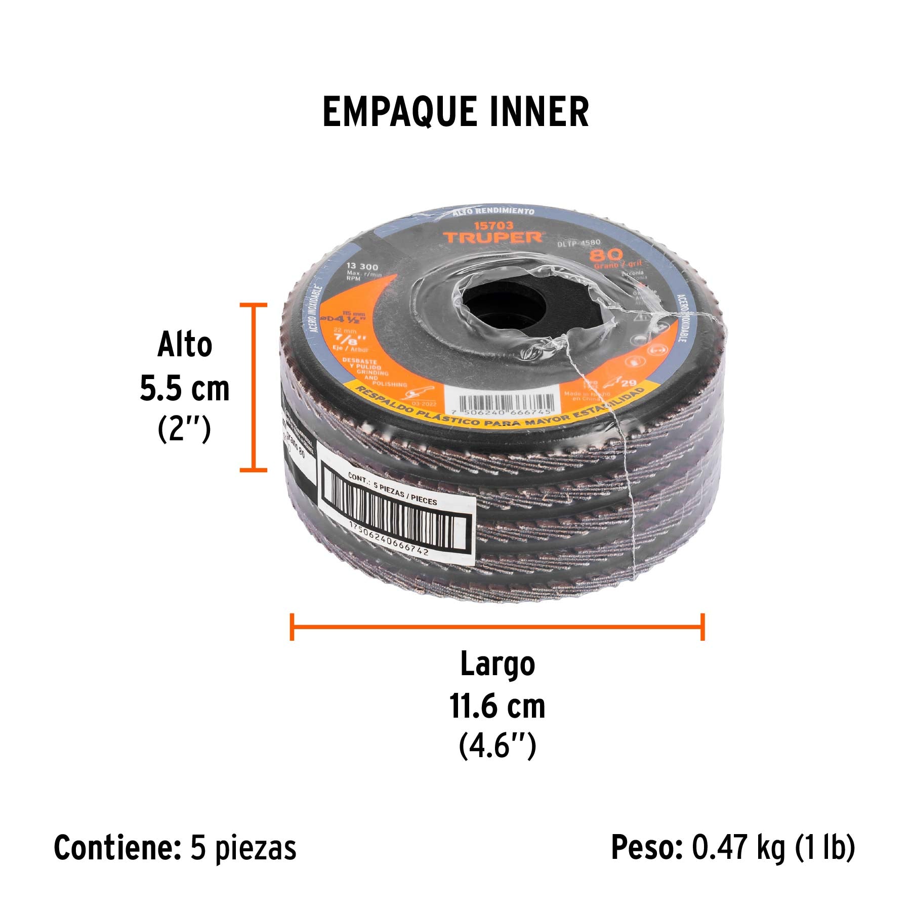 Disco laminado respaldo plástico 4-1/2",barreno 7/8"grano 80