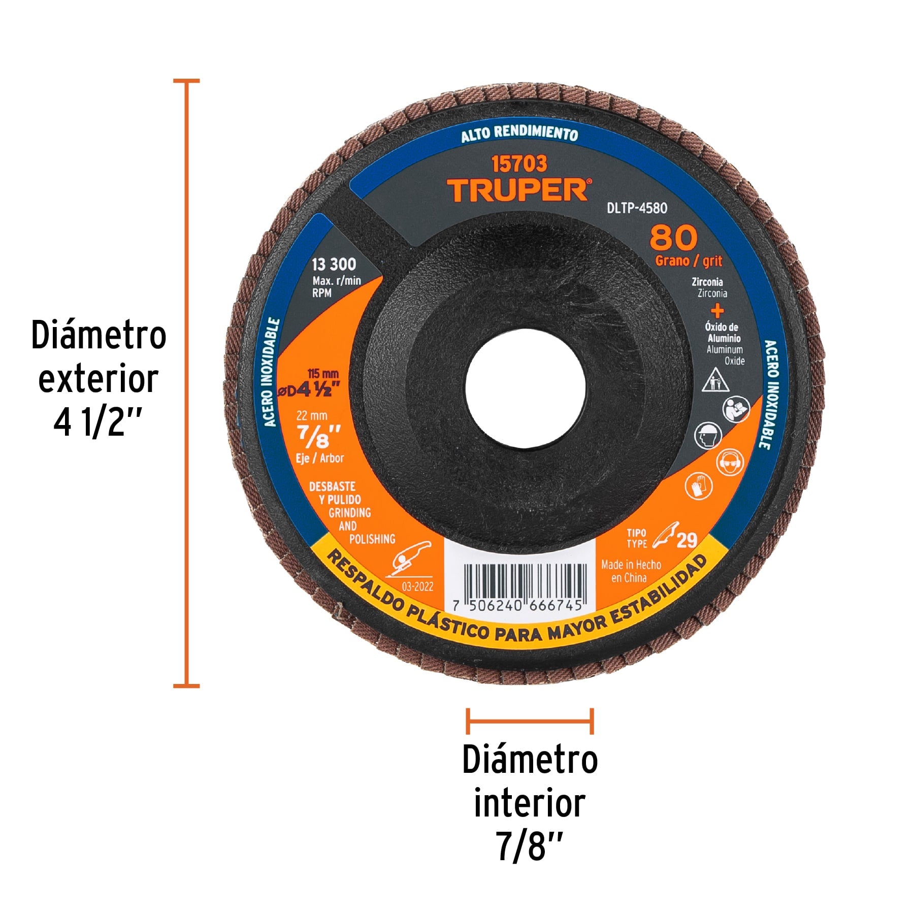 Disco laminado respaldo plástico 4-1/2",barreno 7/8"grano 80