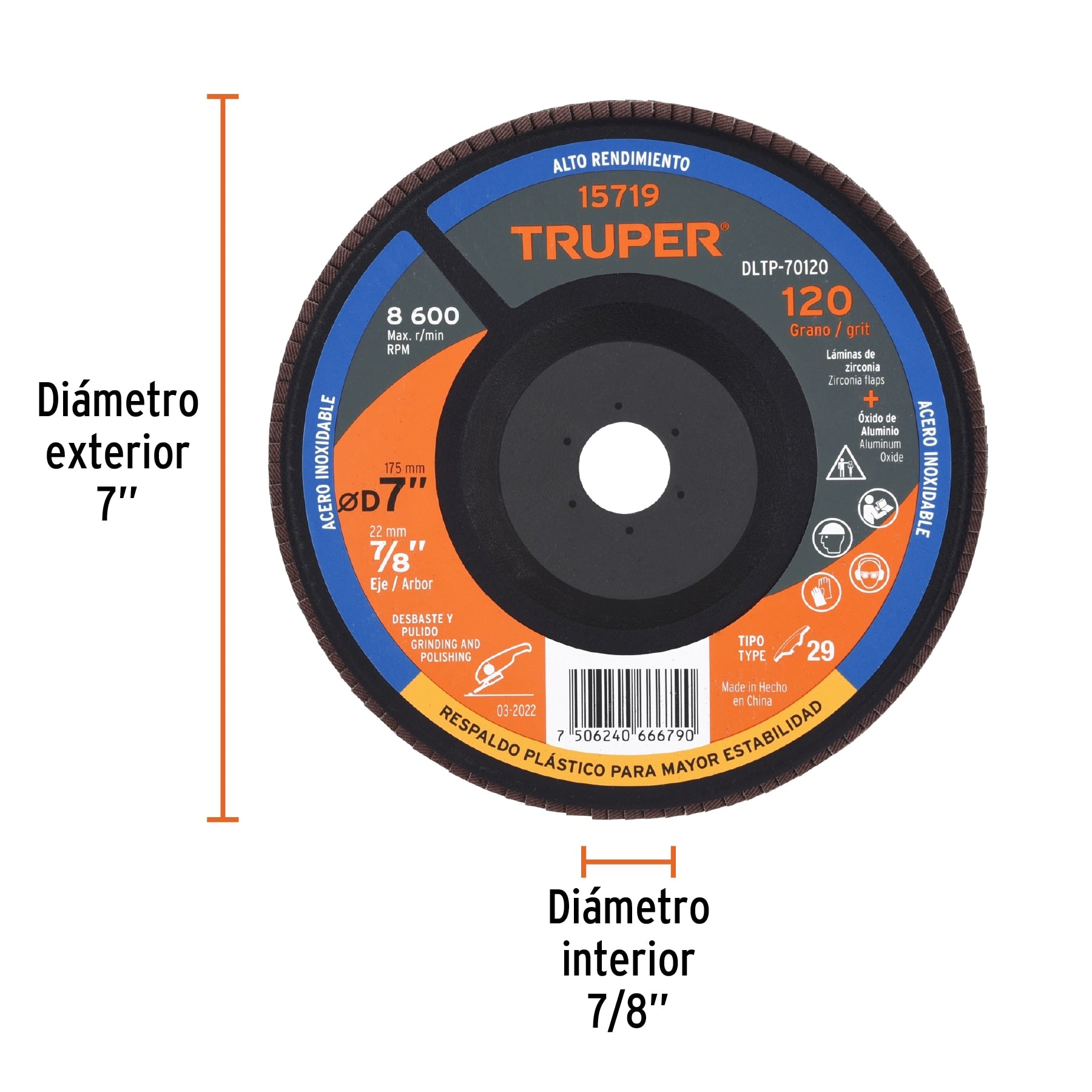 Disco laminado 7" respaldo plástico barreno 7/8"grano 120