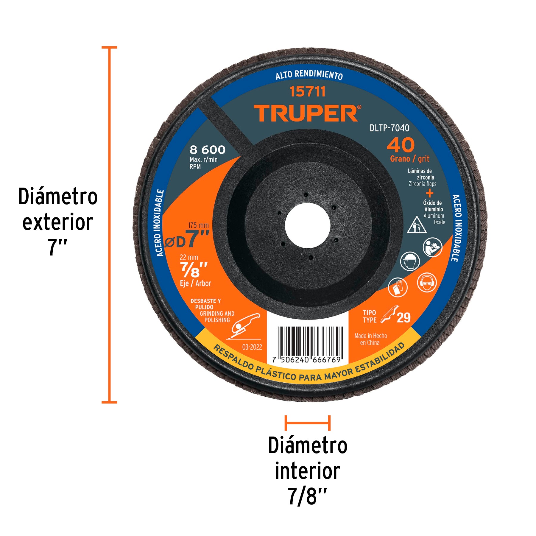 Disco laminado 7" respaldo plástico barreno 7/8"grano 40