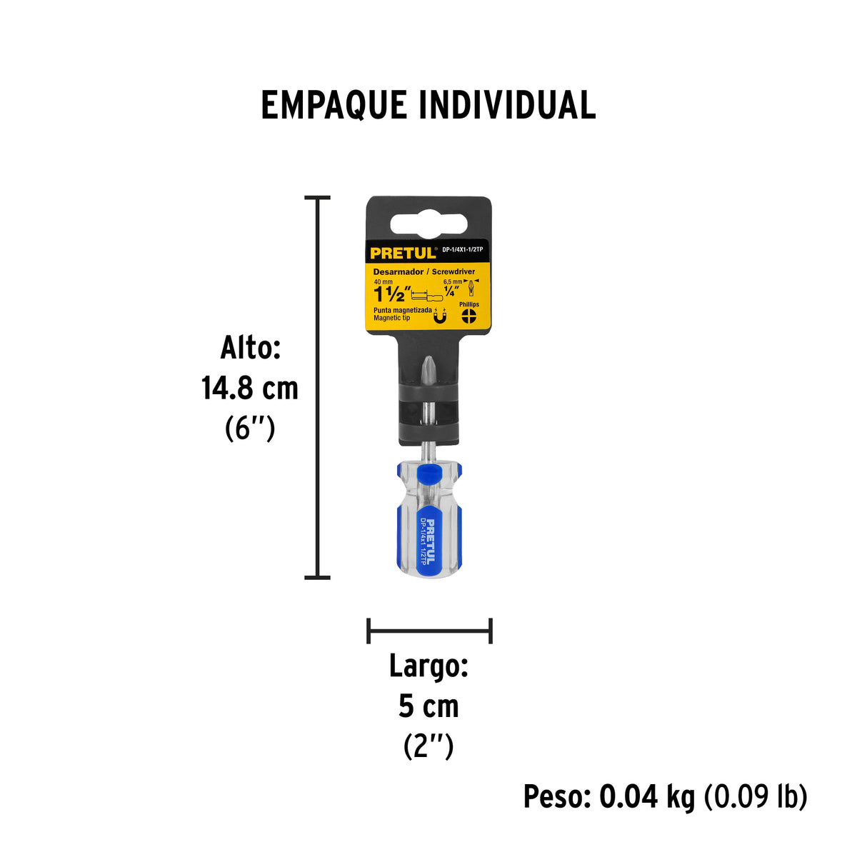 Desarmador punta phillips, 1/4 x 1-1/2", mango pvc, pretul