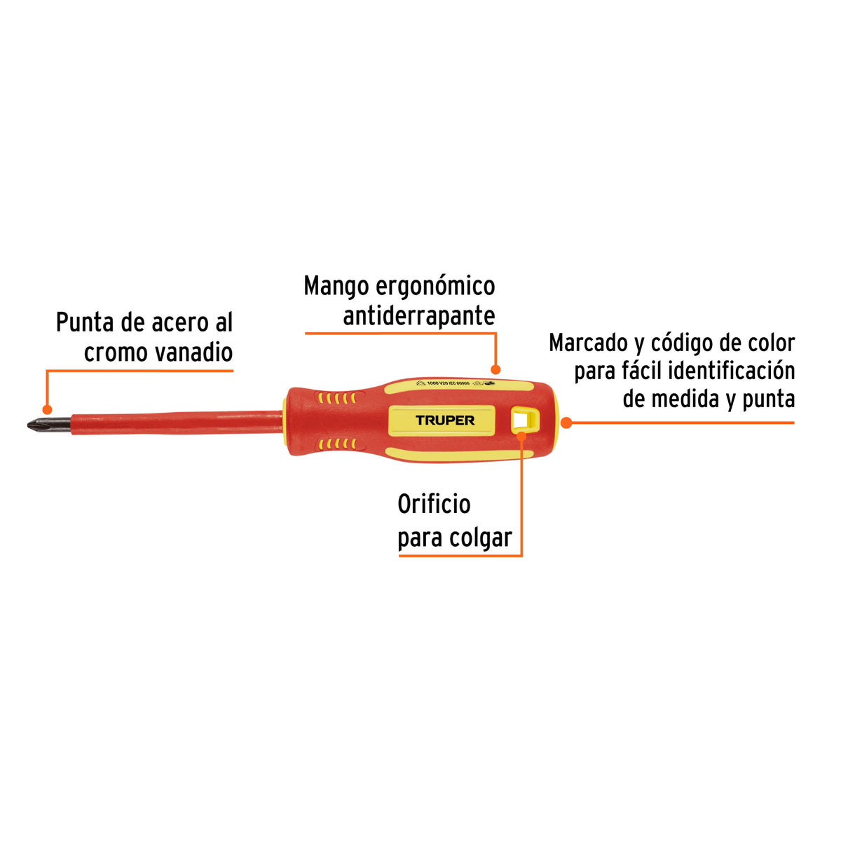 Desarmador dieléctrico de cruz 1/4' x 4', Truper