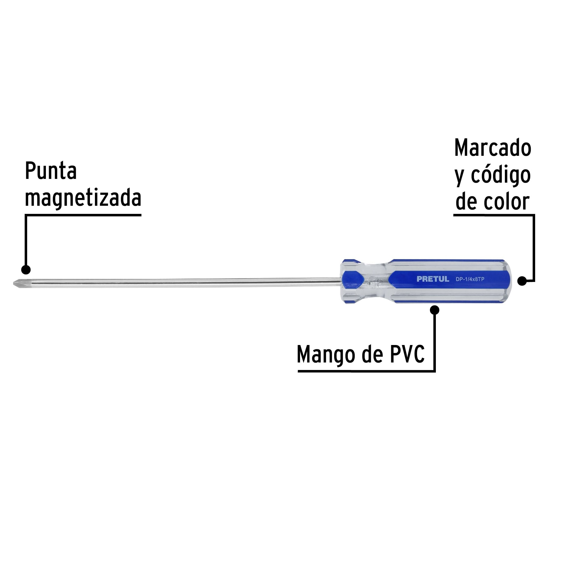 Desarmador punta phillips, 1/4 x 8", mango pvc, pretul