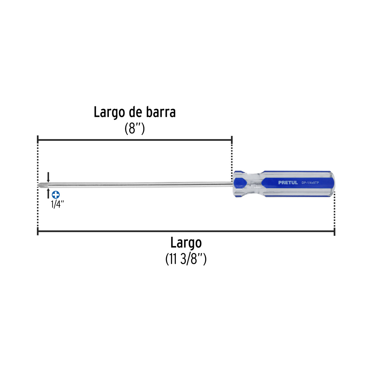 Desarmador punta phillips, 1/4 x 8", mango pvc, pretul