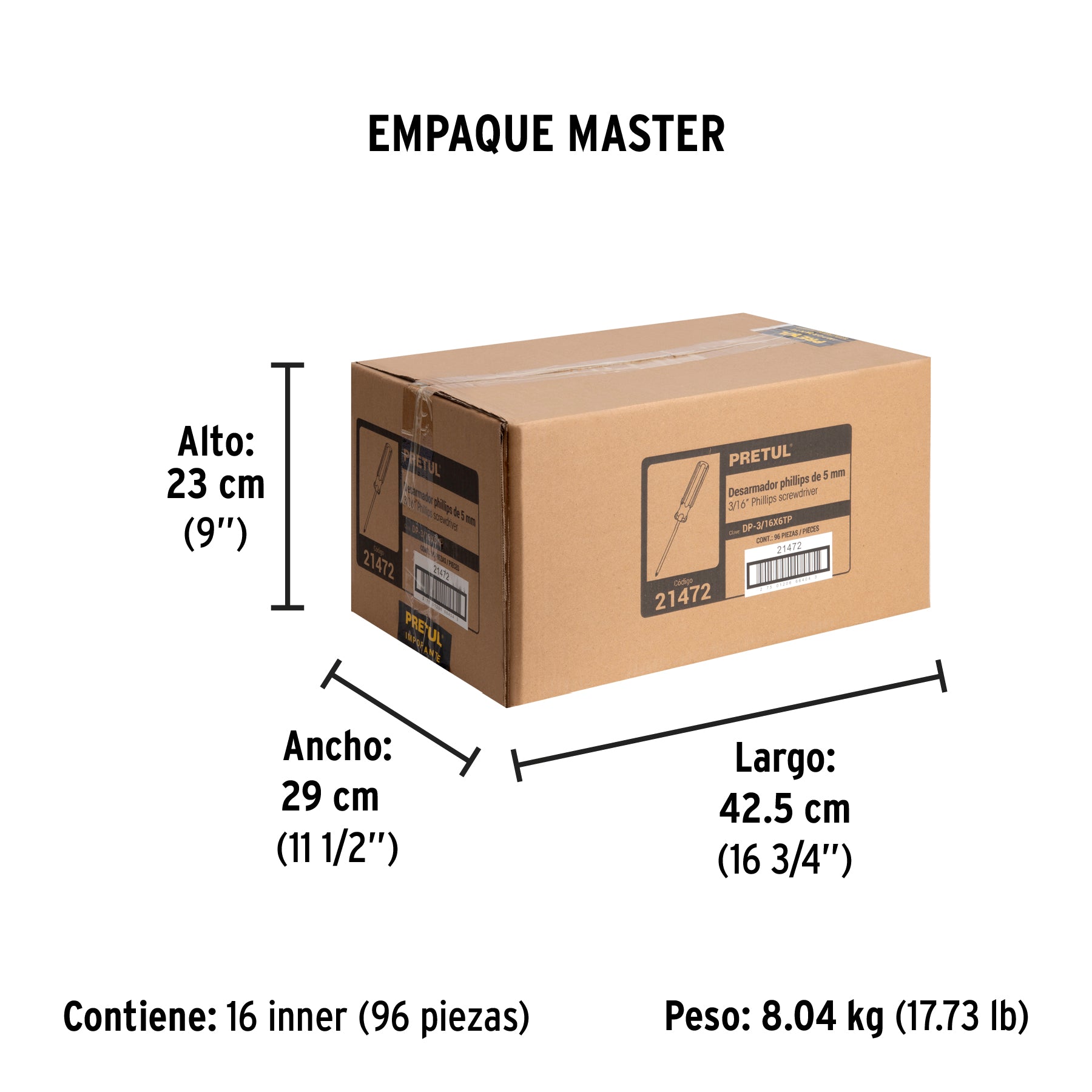 Desarmador punta phillips, 3/16 x 6", mango pvc, pretul