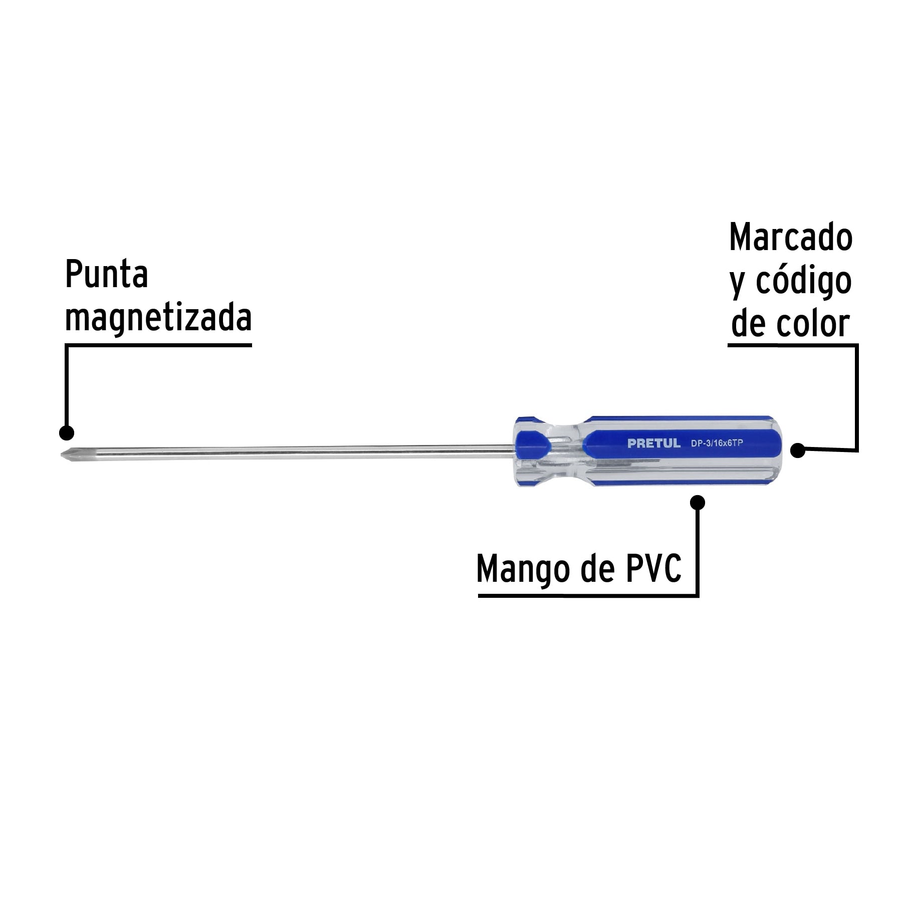 Desarmador punta phillips, 3/16 x 6", mango pvc, pretul