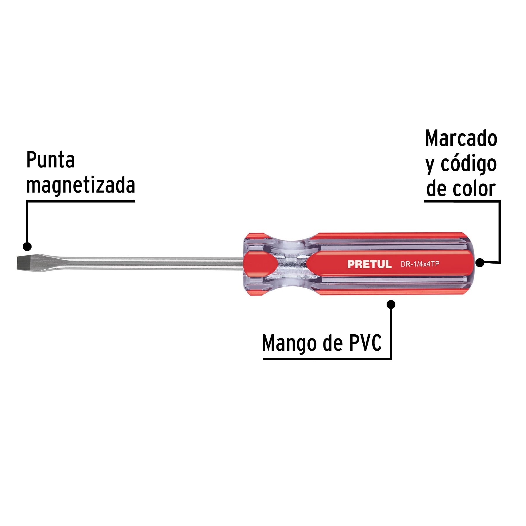 Desarmador plano, 1/4 x 4", mango pvc, pretul