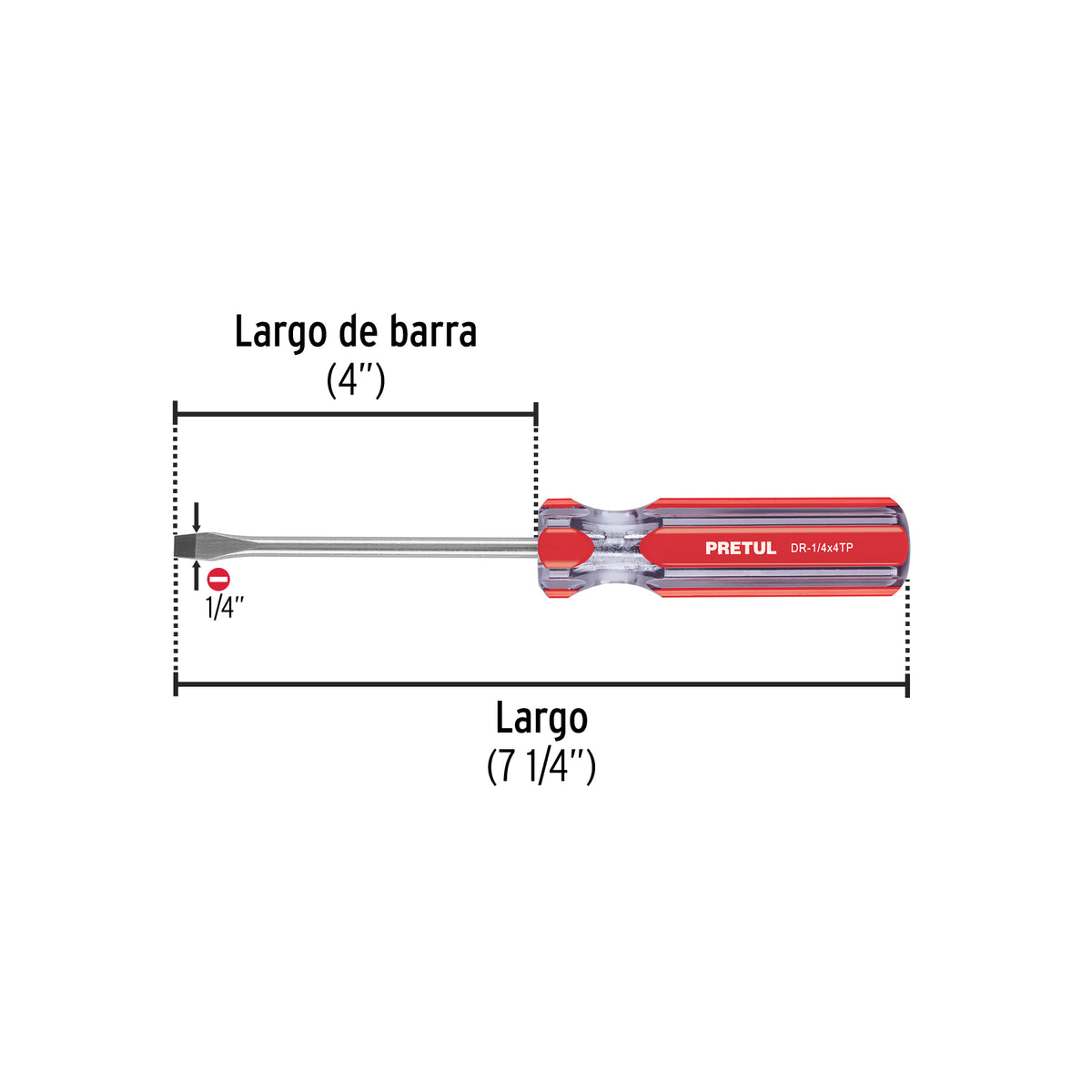 Desarmador plano, 1/4 x 4", mango pvc, pretul