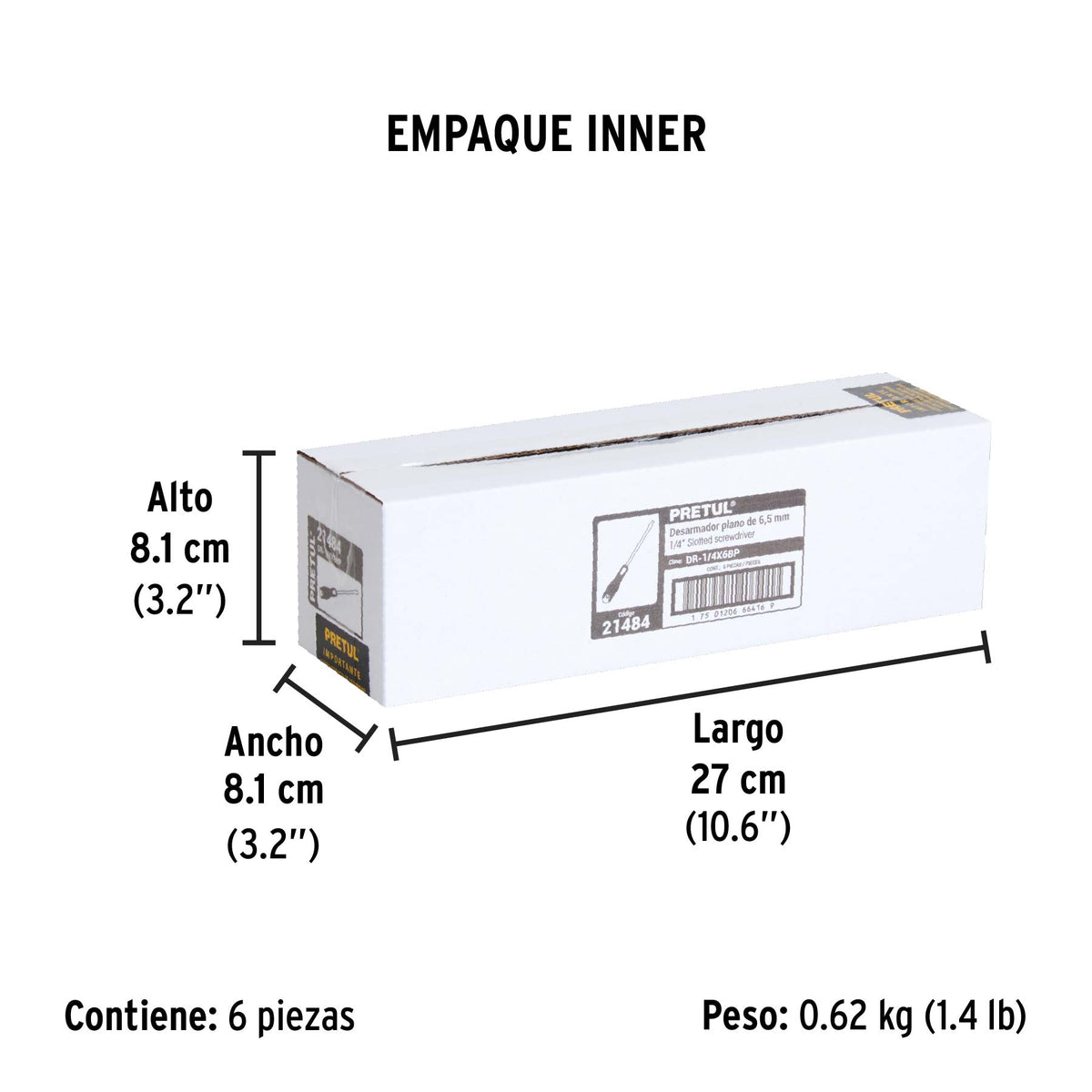 Desarmador plano, 1/4x6", mango comfort grip, pretul