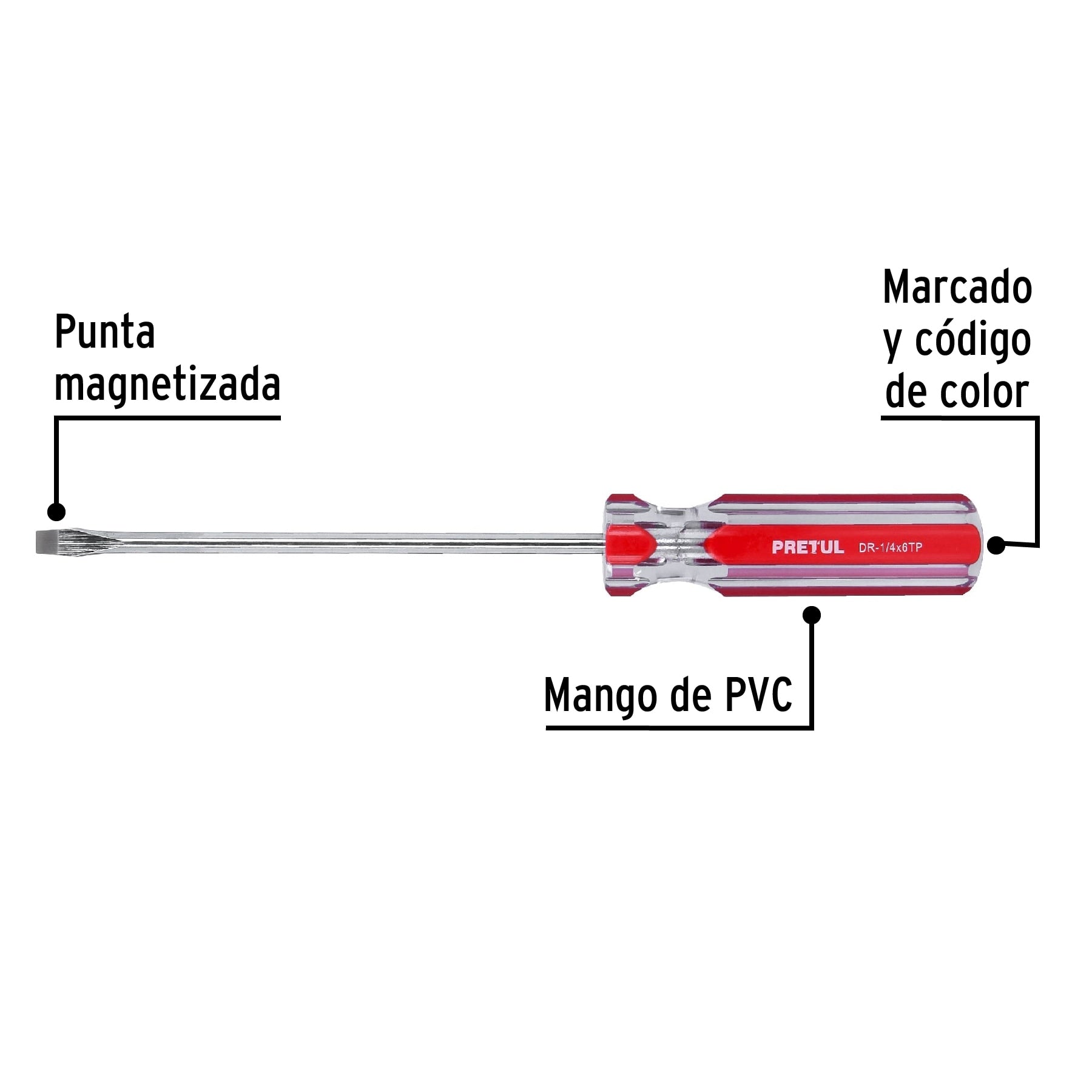 Desarmador plano, 1/4 x 6", mango pvc, pretul