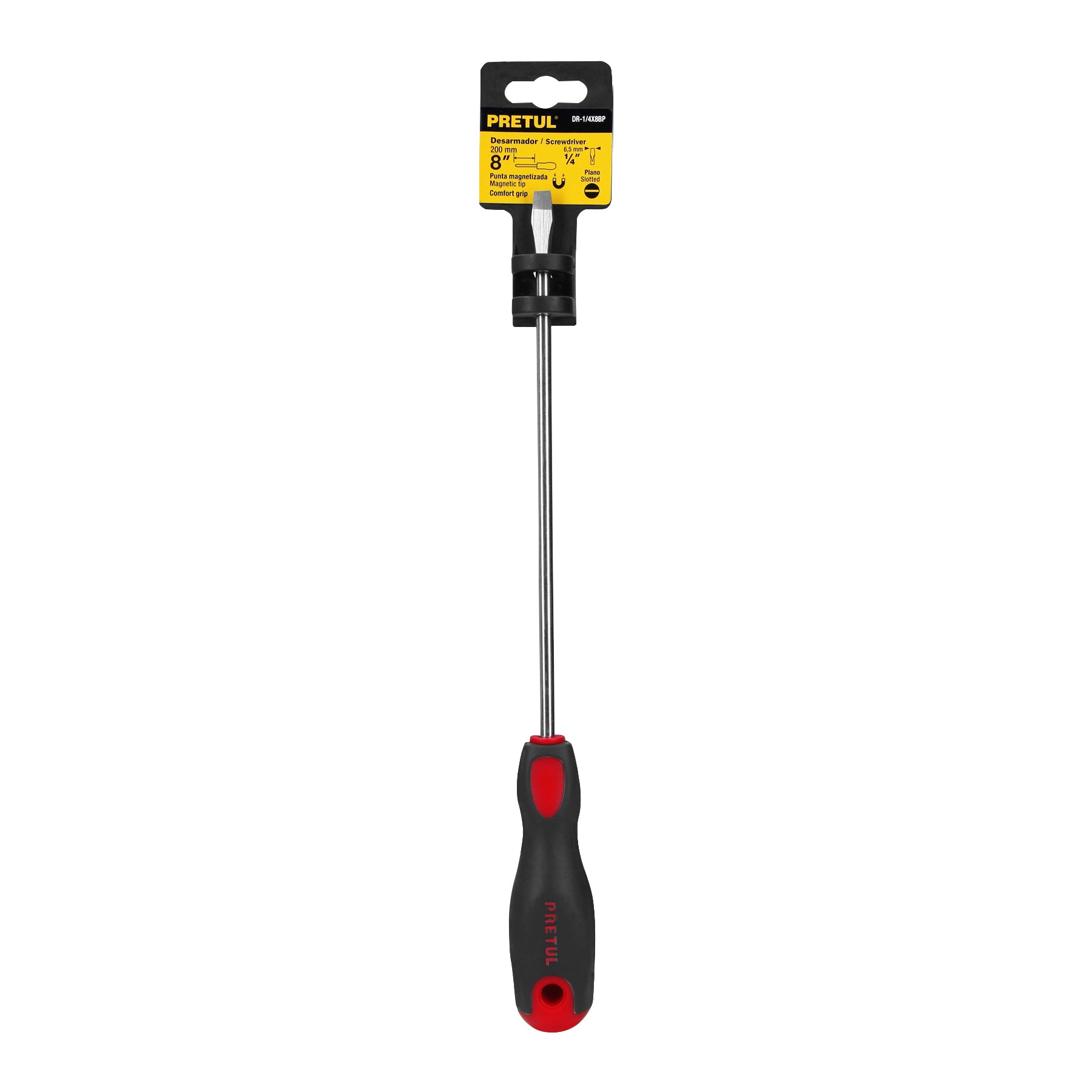 Desarmador plano, 1/4x8", mango comfort grip, pretul