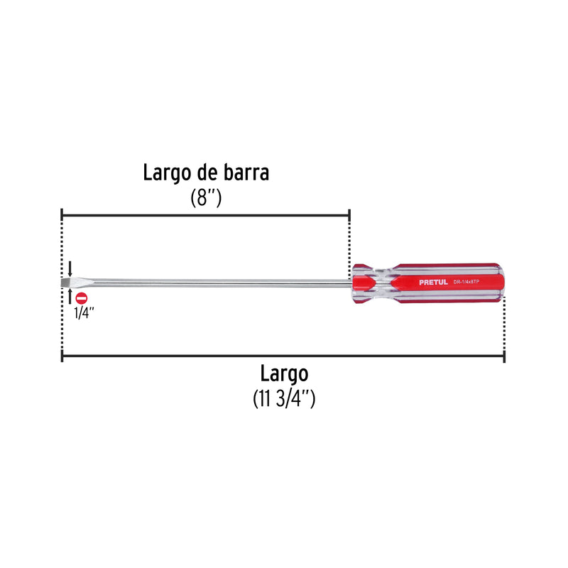 Desarmador plano, 1/4 x 8", mango pvc, pretul