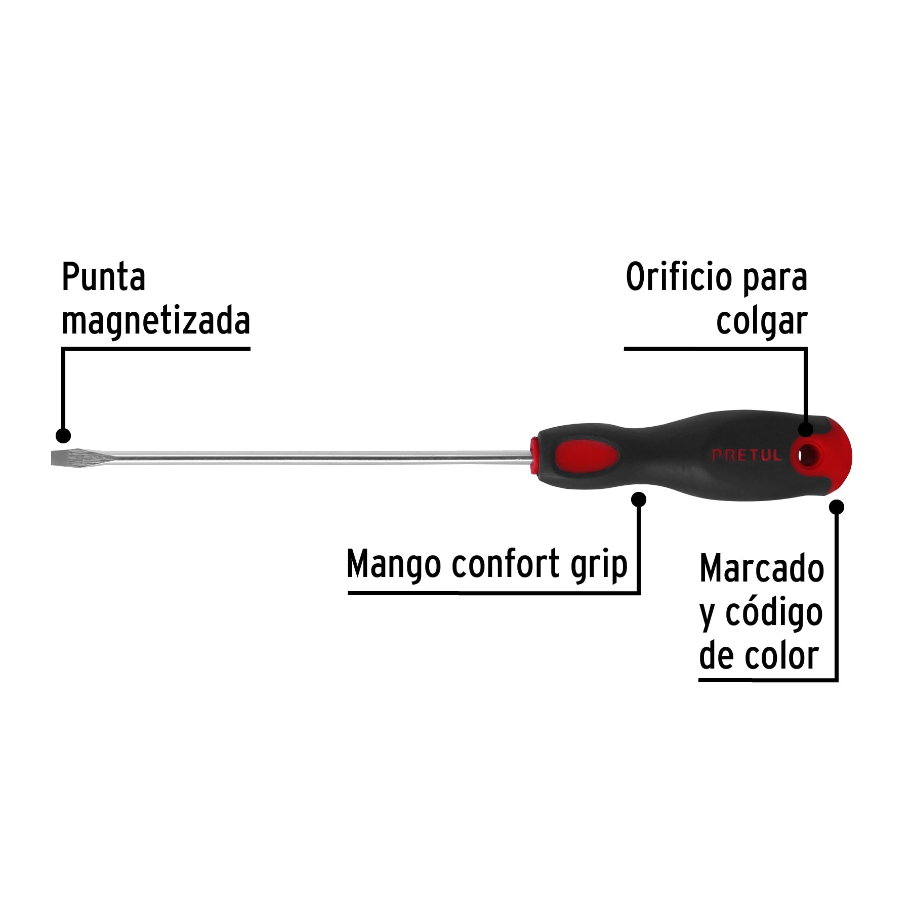 Desarmador plano, 3/16x6", mgo comfort grip, pretul