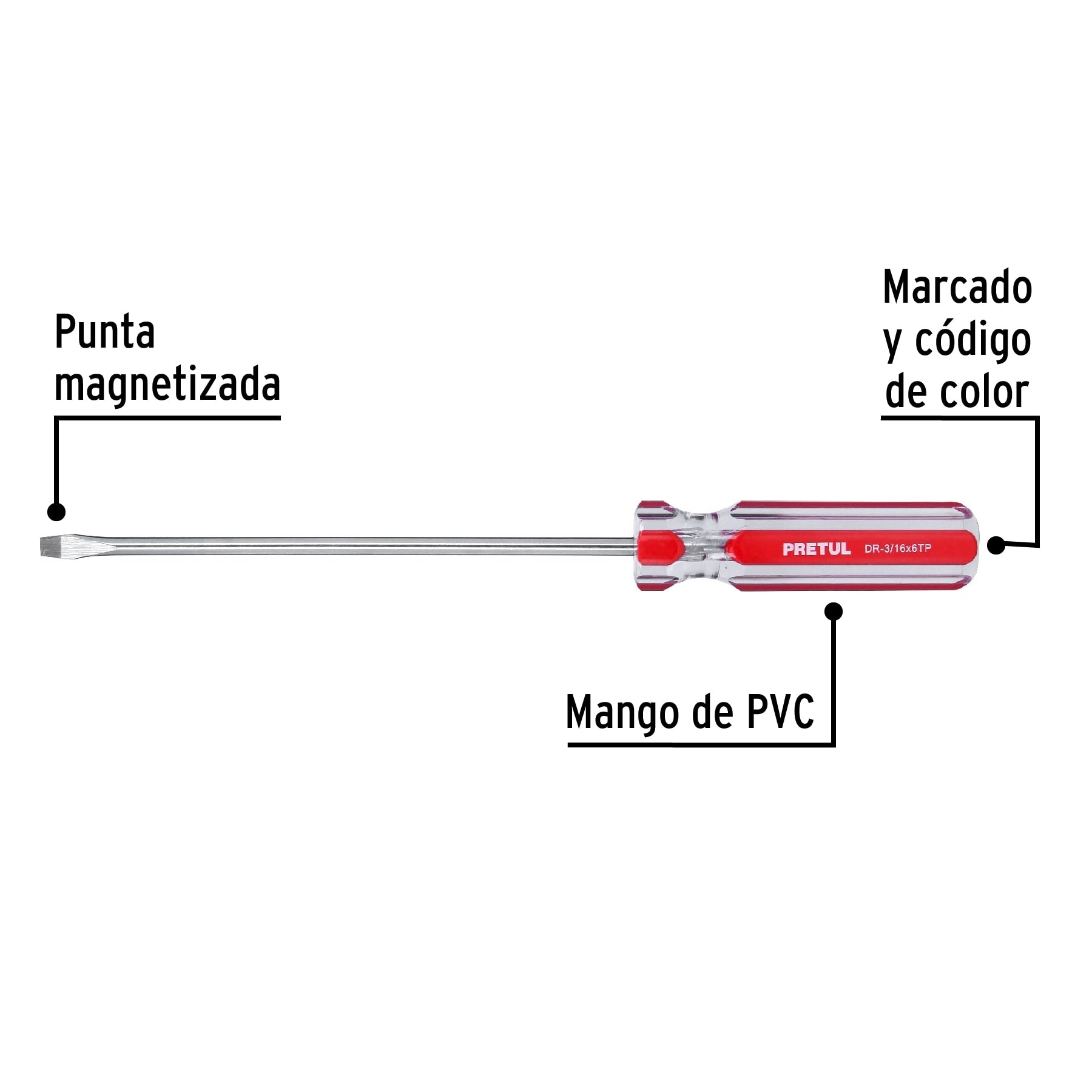 Desarmador plano, 3/16 x 6", mango pvc, pretul