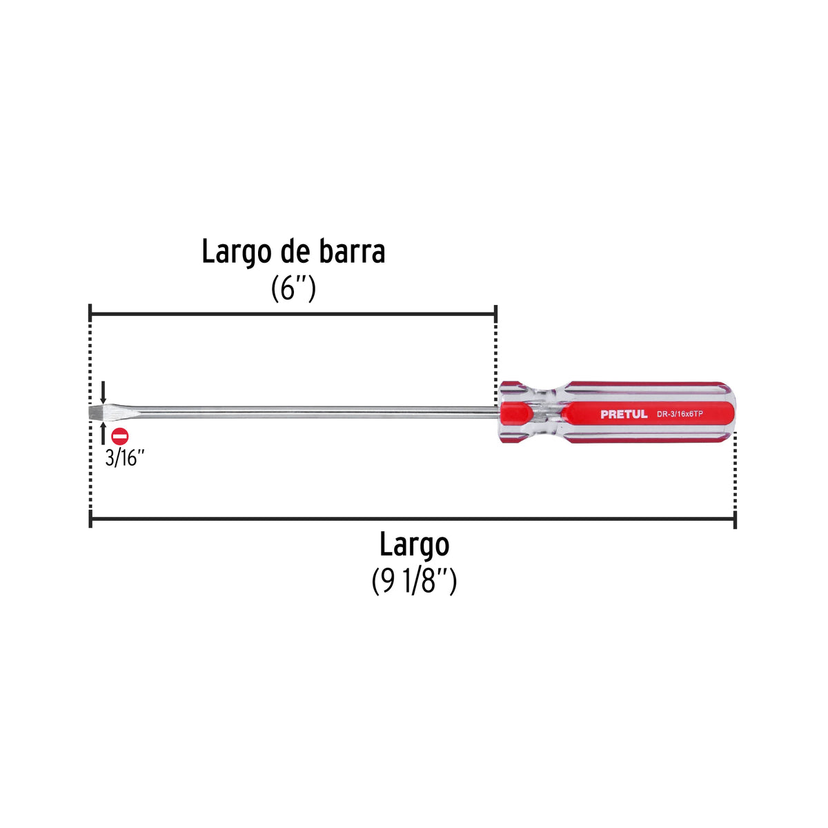 Desarmador plano, 3/16 x 6", mango pvc, pretul
