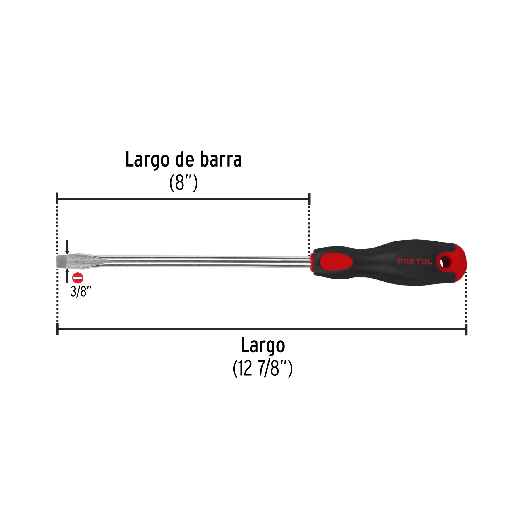 Desarmador plano, 3/8' x 8', mango Comfort Grip, Pretul