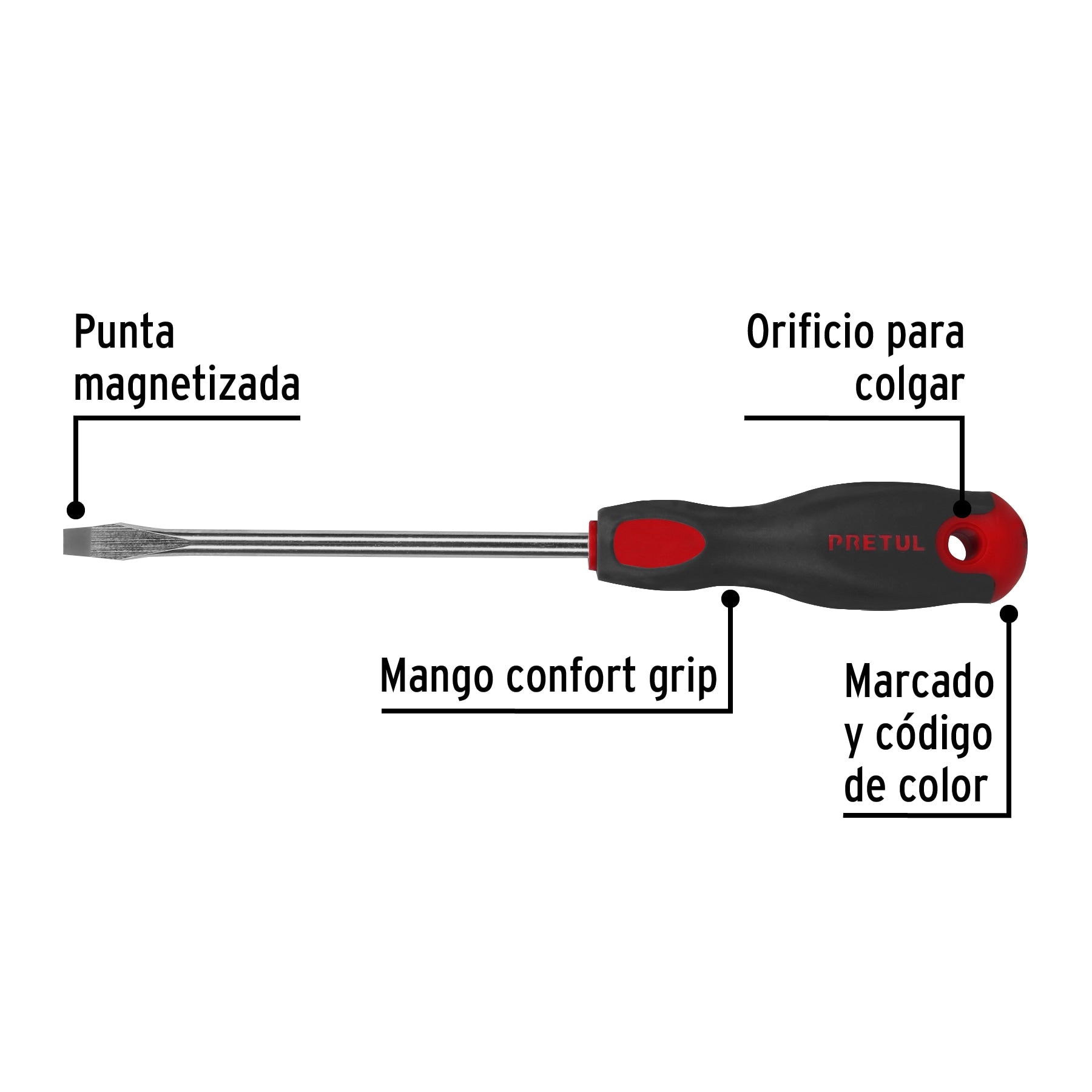 Desarmador plano, 5/16 x 6", mango comfort grip, pretul