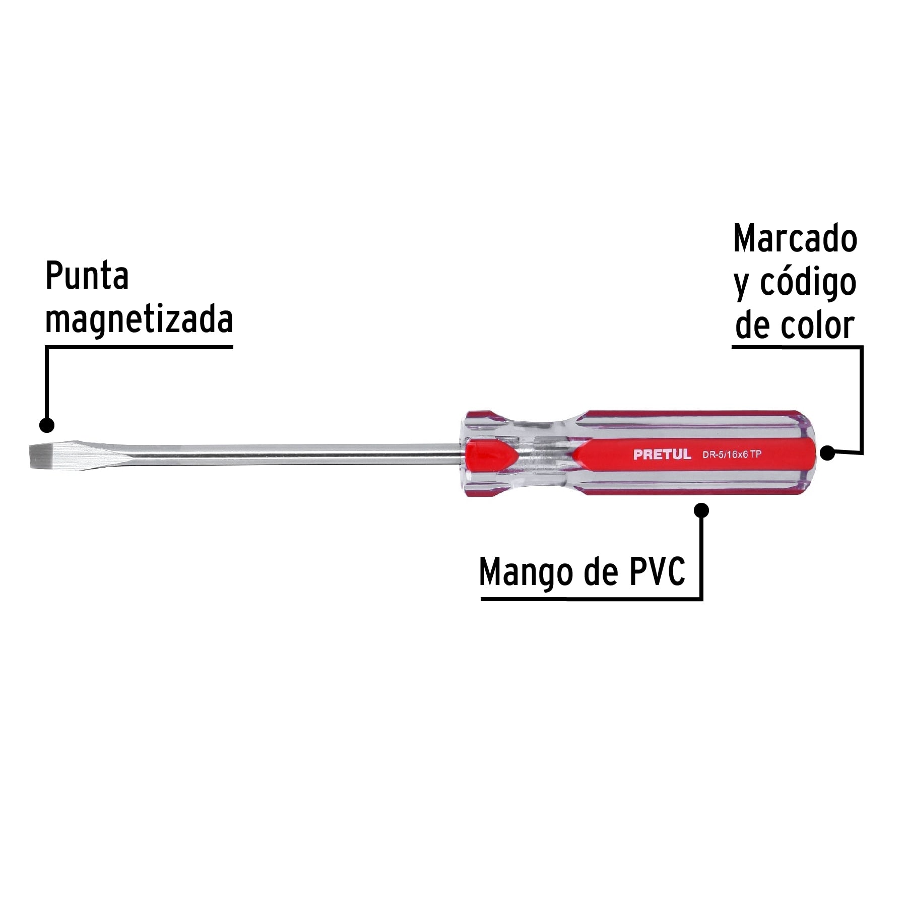 Desarmador plano, 5/16 x 6", mango pvc, pretul