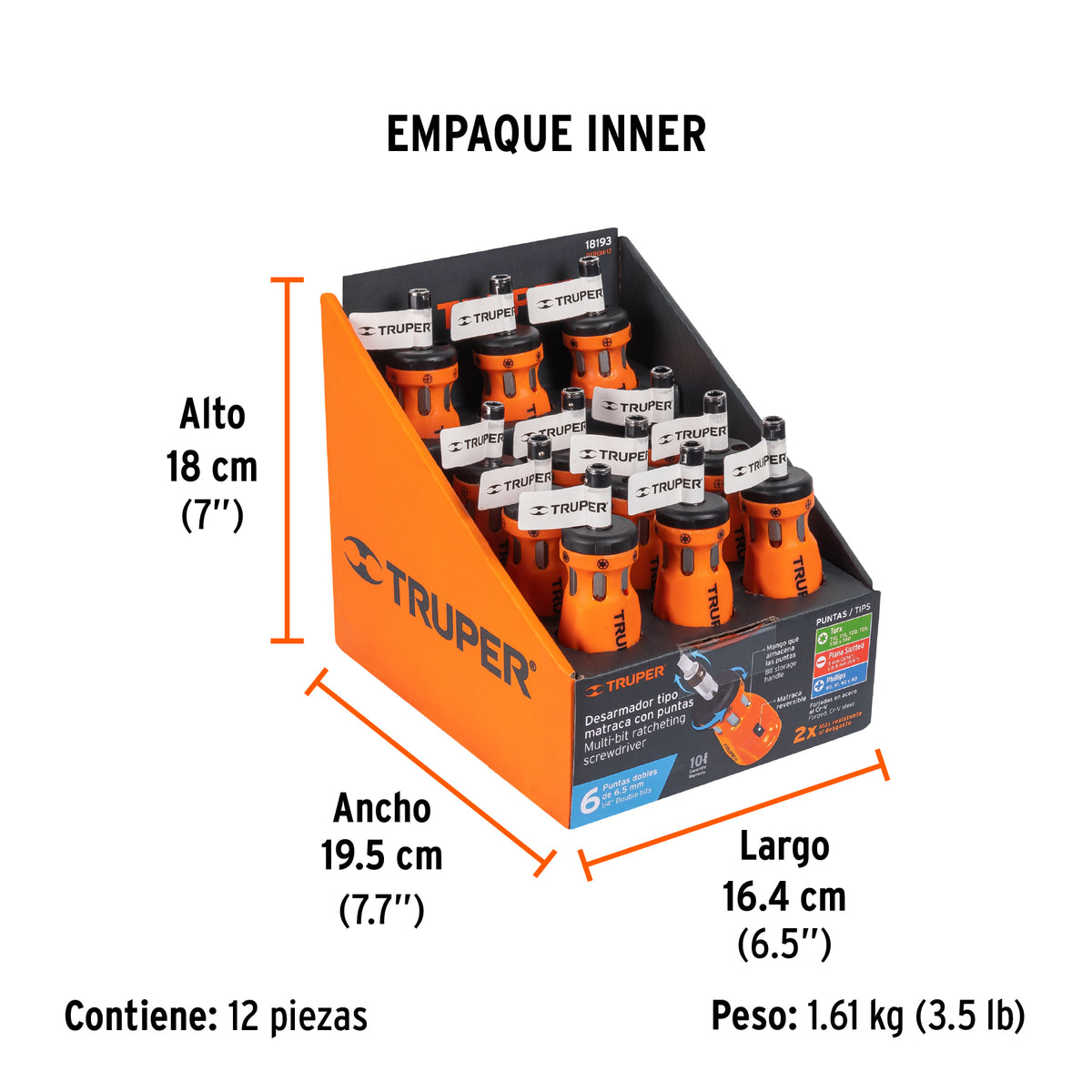 Desarmador tipo trompo con matraca, 6 puntas dobles