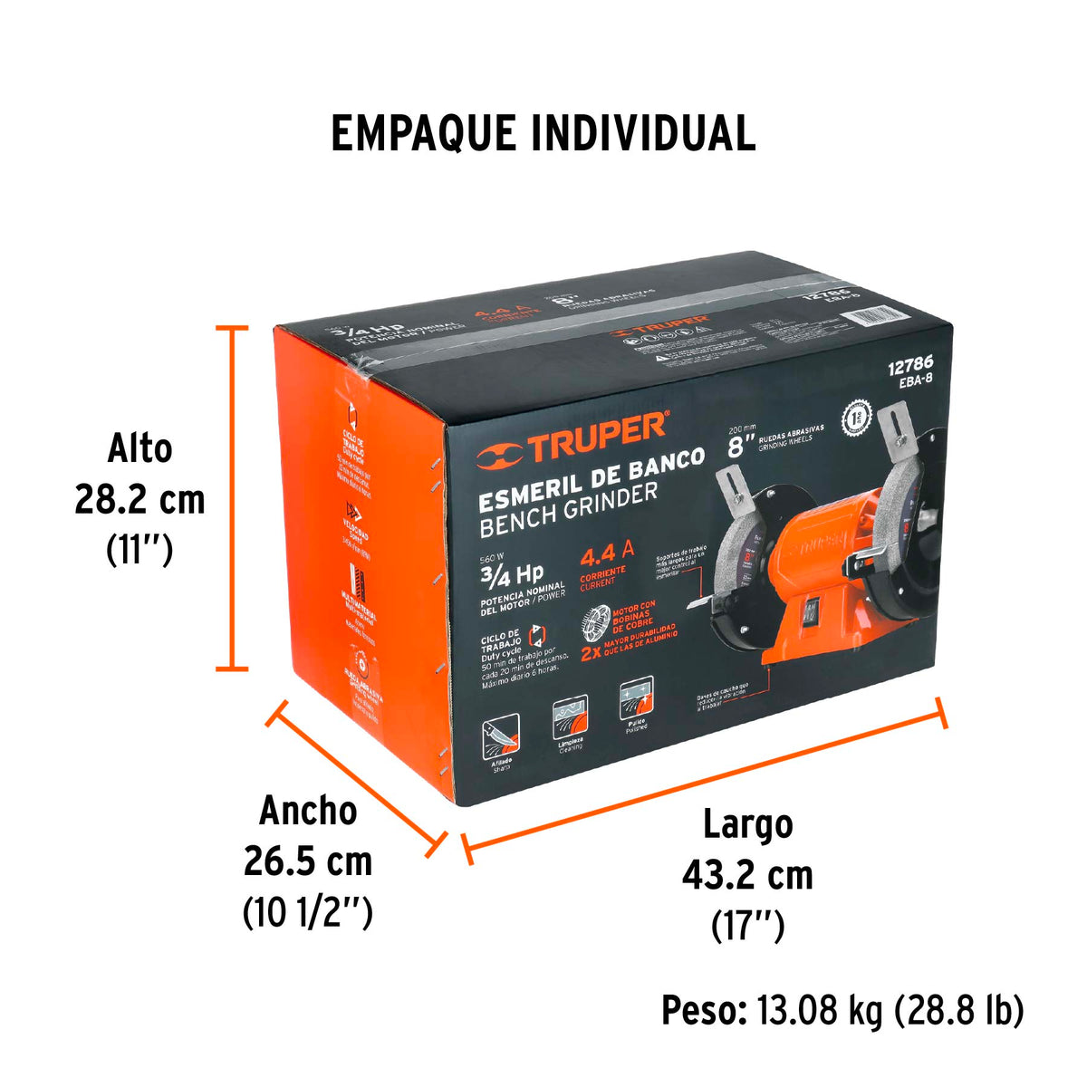 Esmeril de banco de 8" de 3/4 Hp