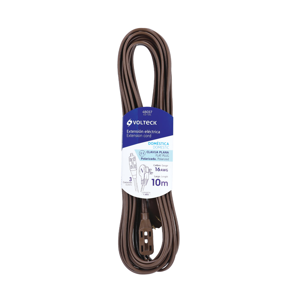 Extensión eléctrica doméstica, 10 m, café, Volteck