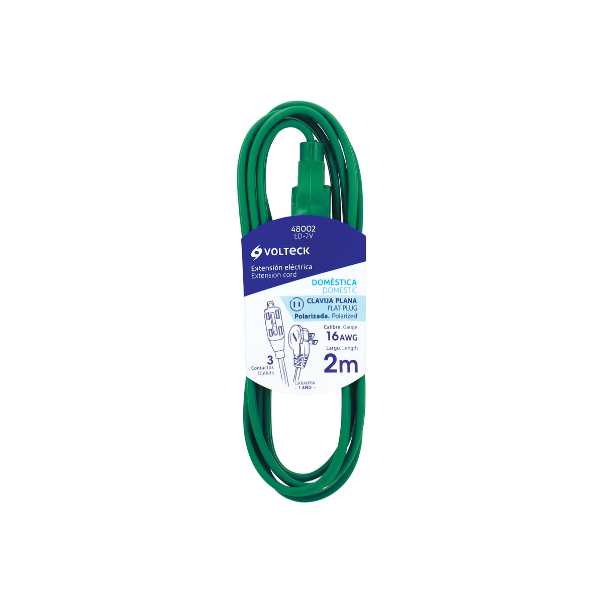 Extensión eléctrica doméstica, 2 m, verde, Volteck