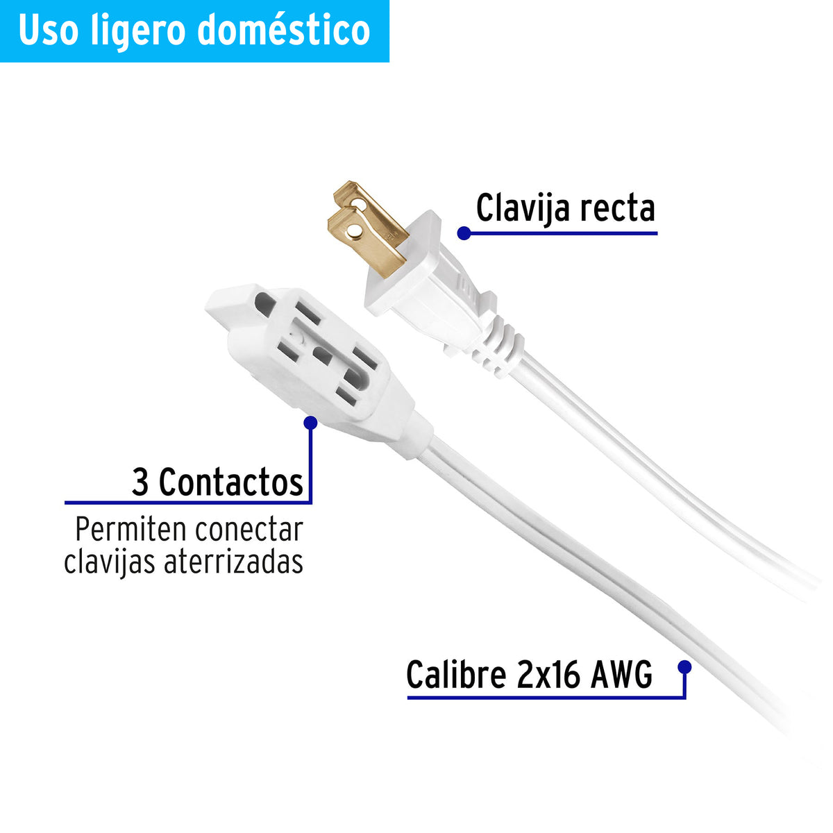 Extensión eléctrica doméstica 3 m blanca con clavija recta