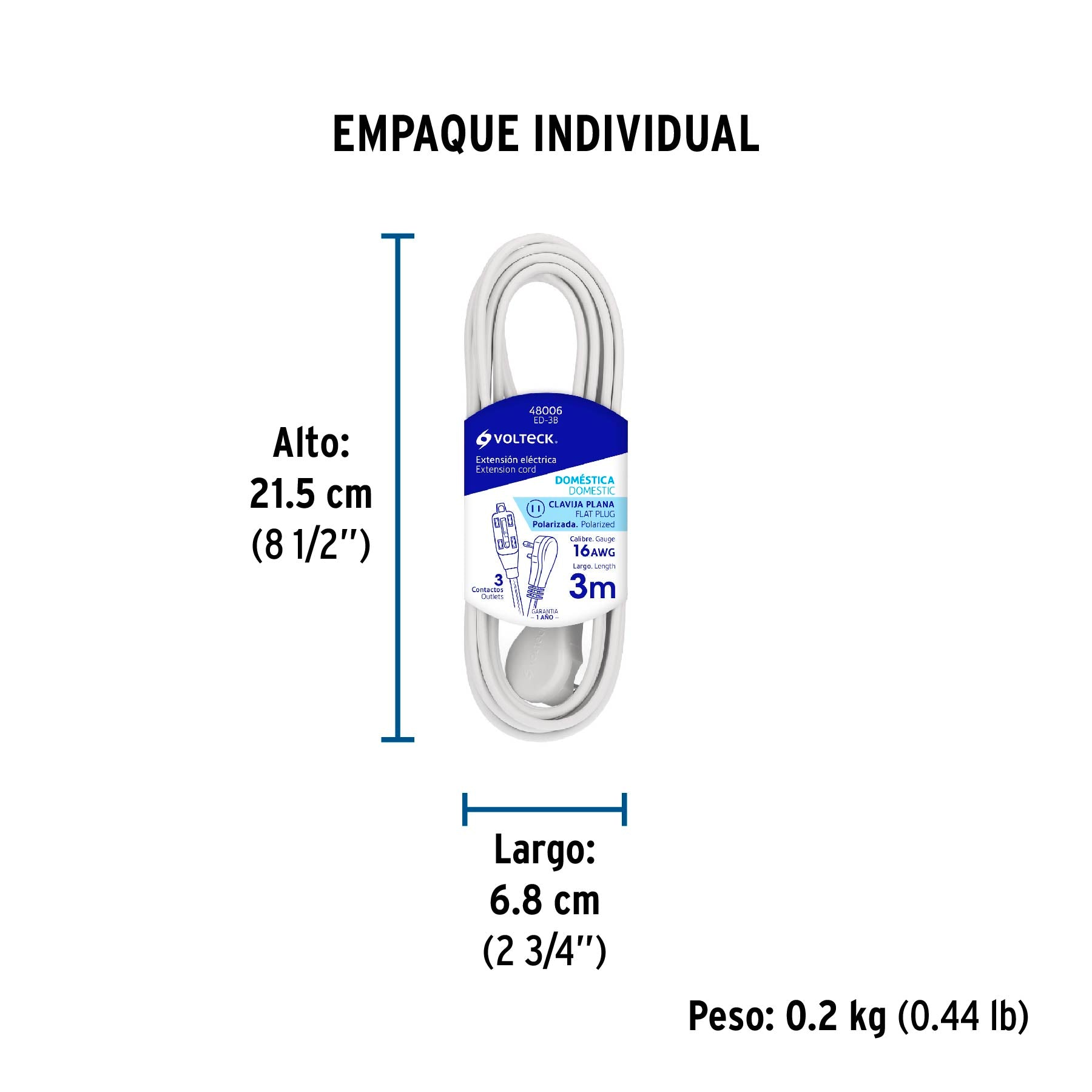 Extensión eléctrica doméstica, 3 m, blanca, Volteck