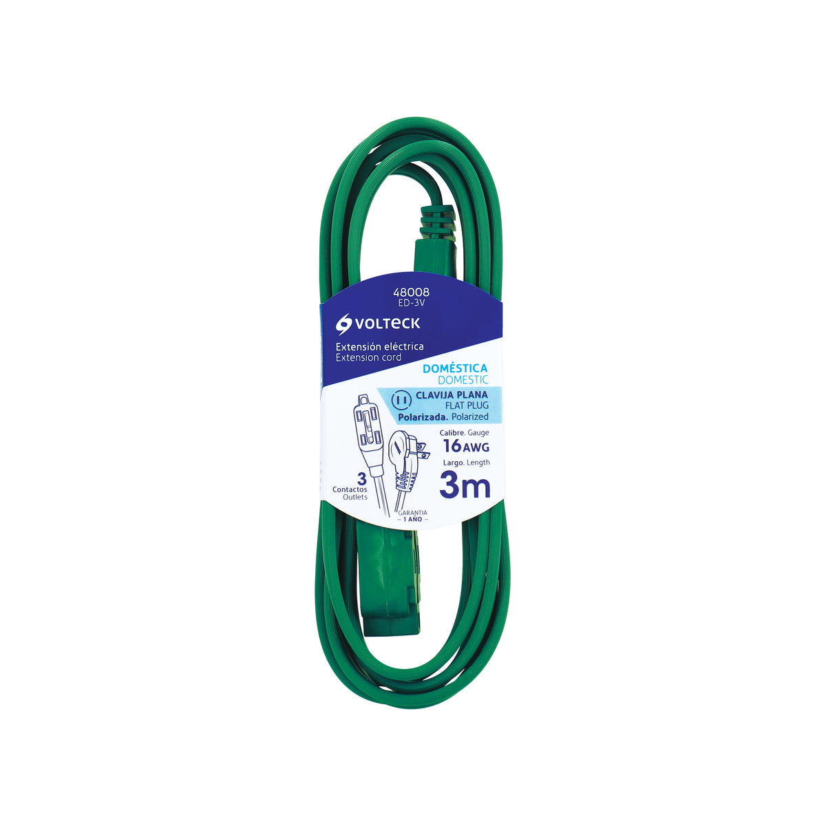 Extensión eléctrica doméstica, 3 m, verde, Volteck