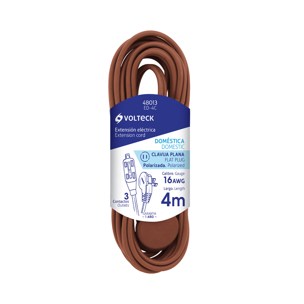 Extensión eléctrica doméstica, 4 m, café, Volteck
